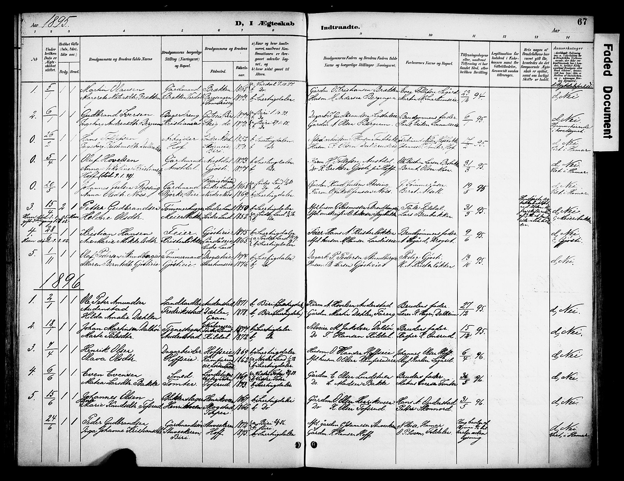 Biri prestekontor, SAH/PREST-096/H/Ha/Haa/L0008: Parish register (official) no. 8, 1894-1901, p. 67