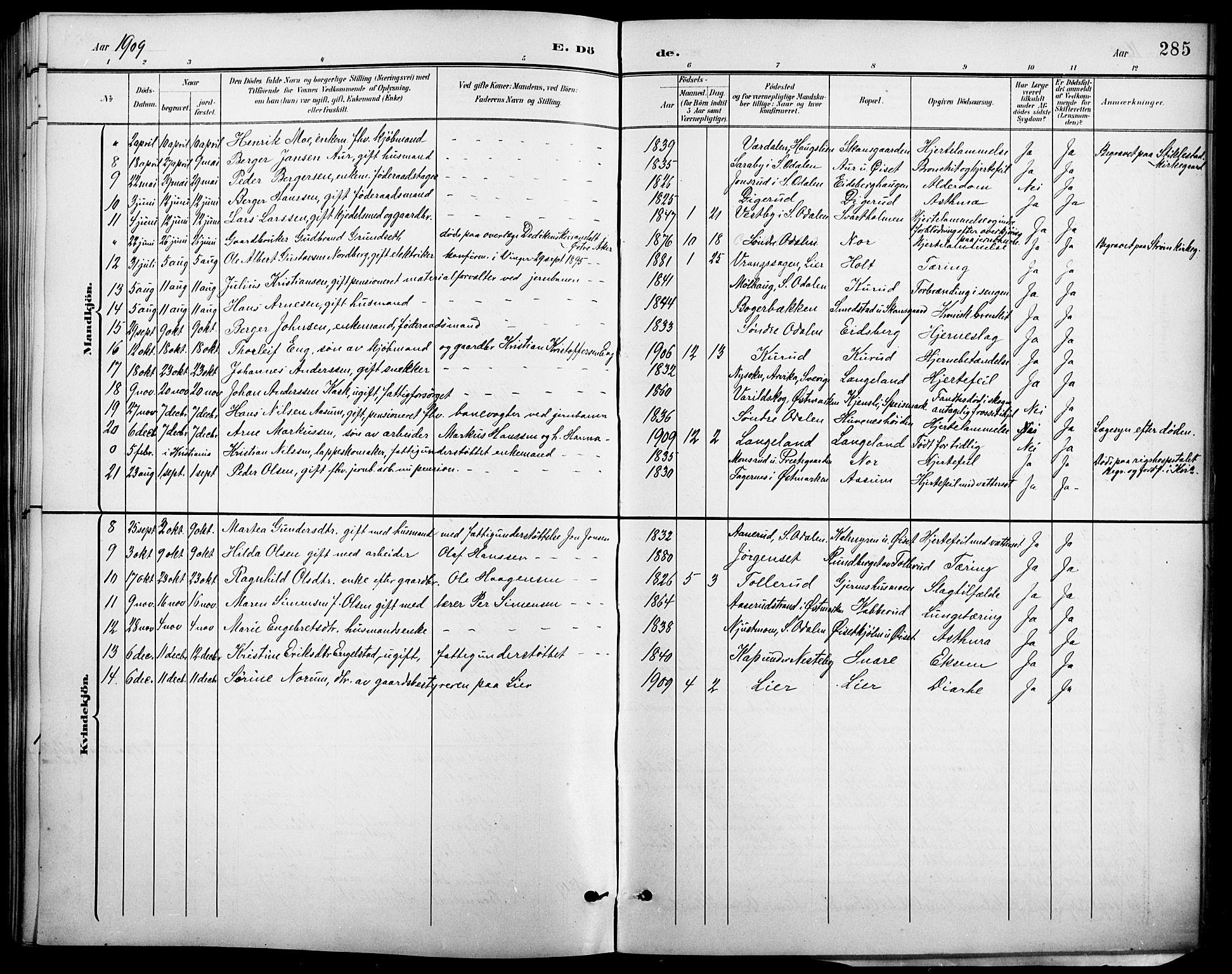 Vinger prestekontor, SAH/PREST-024/H/Ha/Hab/L0003: Parish register (copy) no. 3, 1895-1920, p. 285
