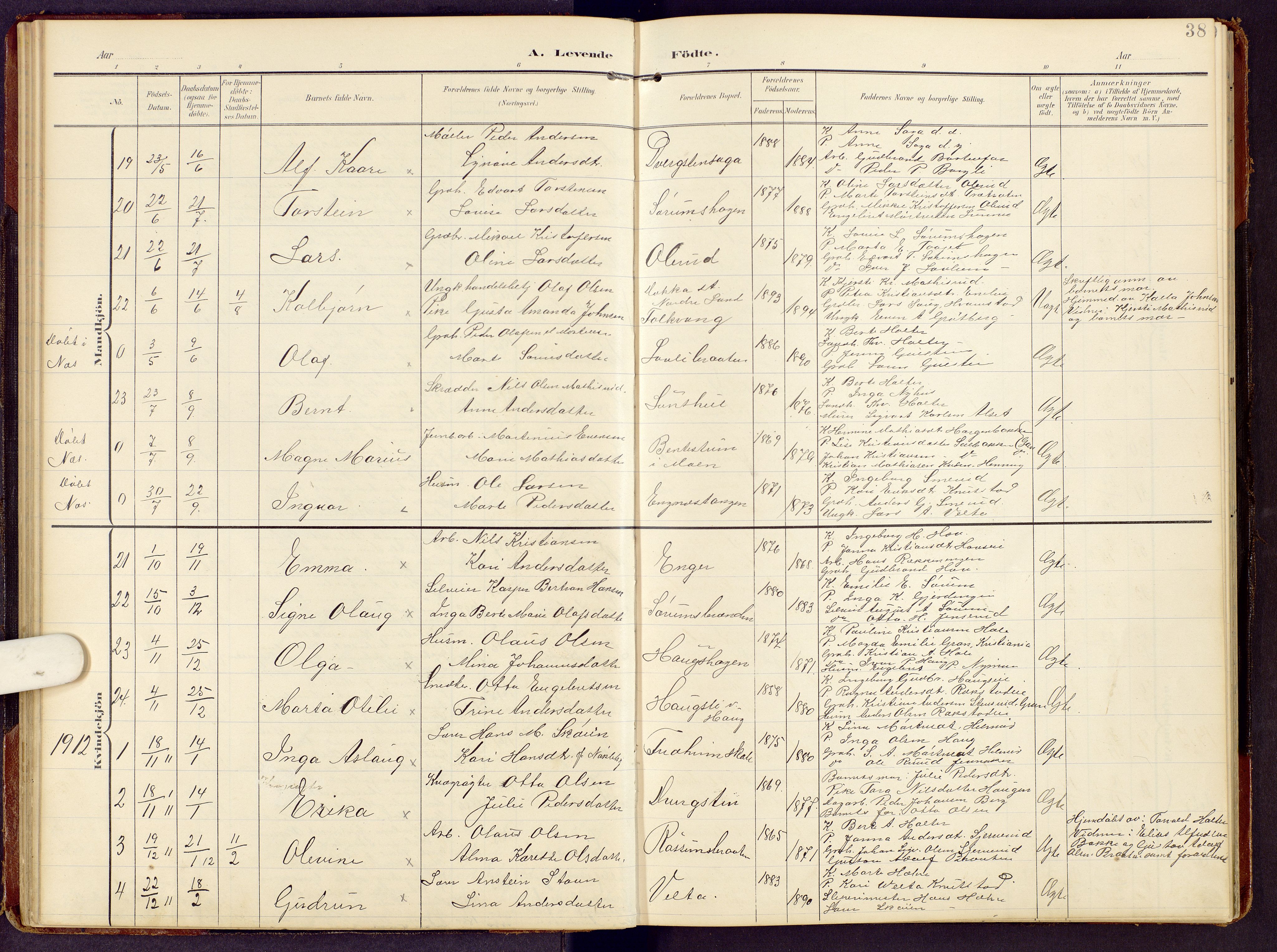 Brandbu prestekontor, SAH/PREST-114/H/Ha/Hab/L0009: Parish register (copy) no. 9, 1903-1916, p. 38