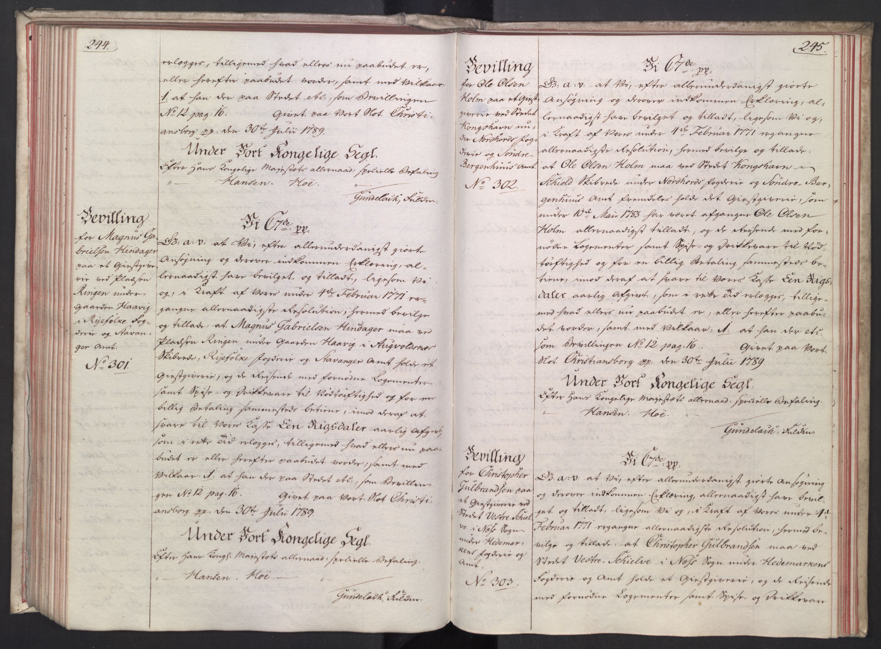 Rentekammeret, Kammerkanselliet, RA/EA-3111/G/Gg/Gga/L0014: Norsk ekspedisjonsprotokoll med register (merket RK 53.14), 1787-1790, p. 244-245