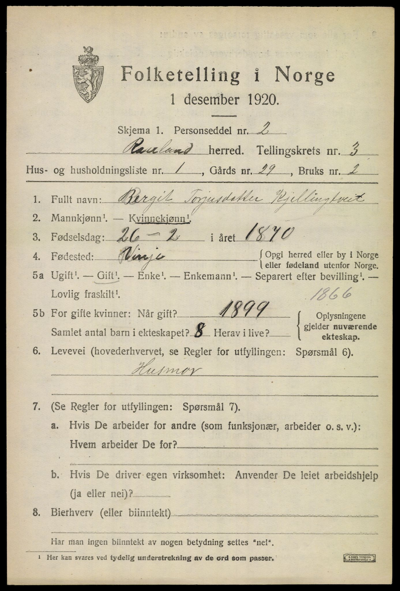 SAKO, 1920 census for Rauland, 1920, p. 708