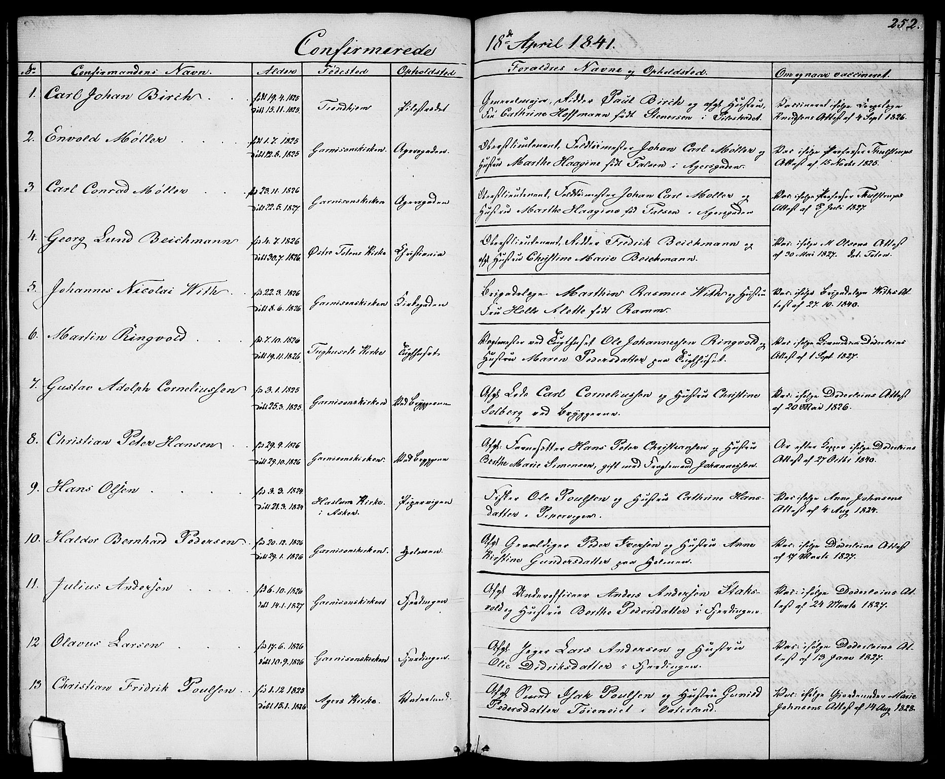 Garnisonsmenigheten Kirkebøker, SAO/A-10846/G/Ga/L0005: Parish register (copy) no. 5, 1841-1860, p. 252