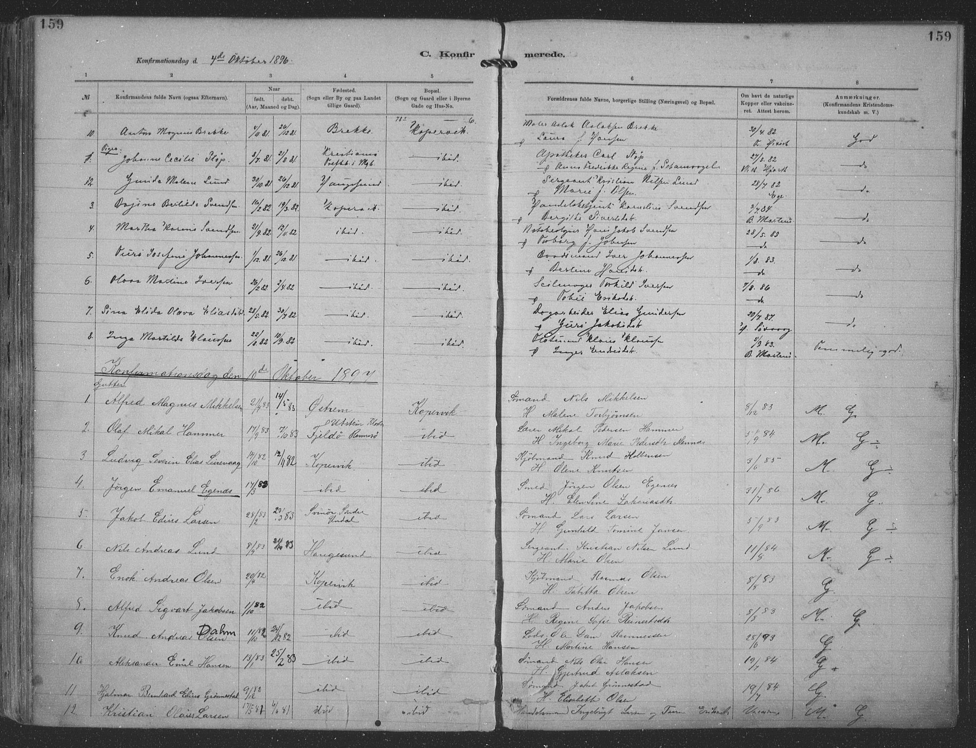 Kopervik sokneprestkontor, SAST/A-101850/H/Ha/Haa/L0001: Parish register (official) no. A 1, 1880-1919, p. 159