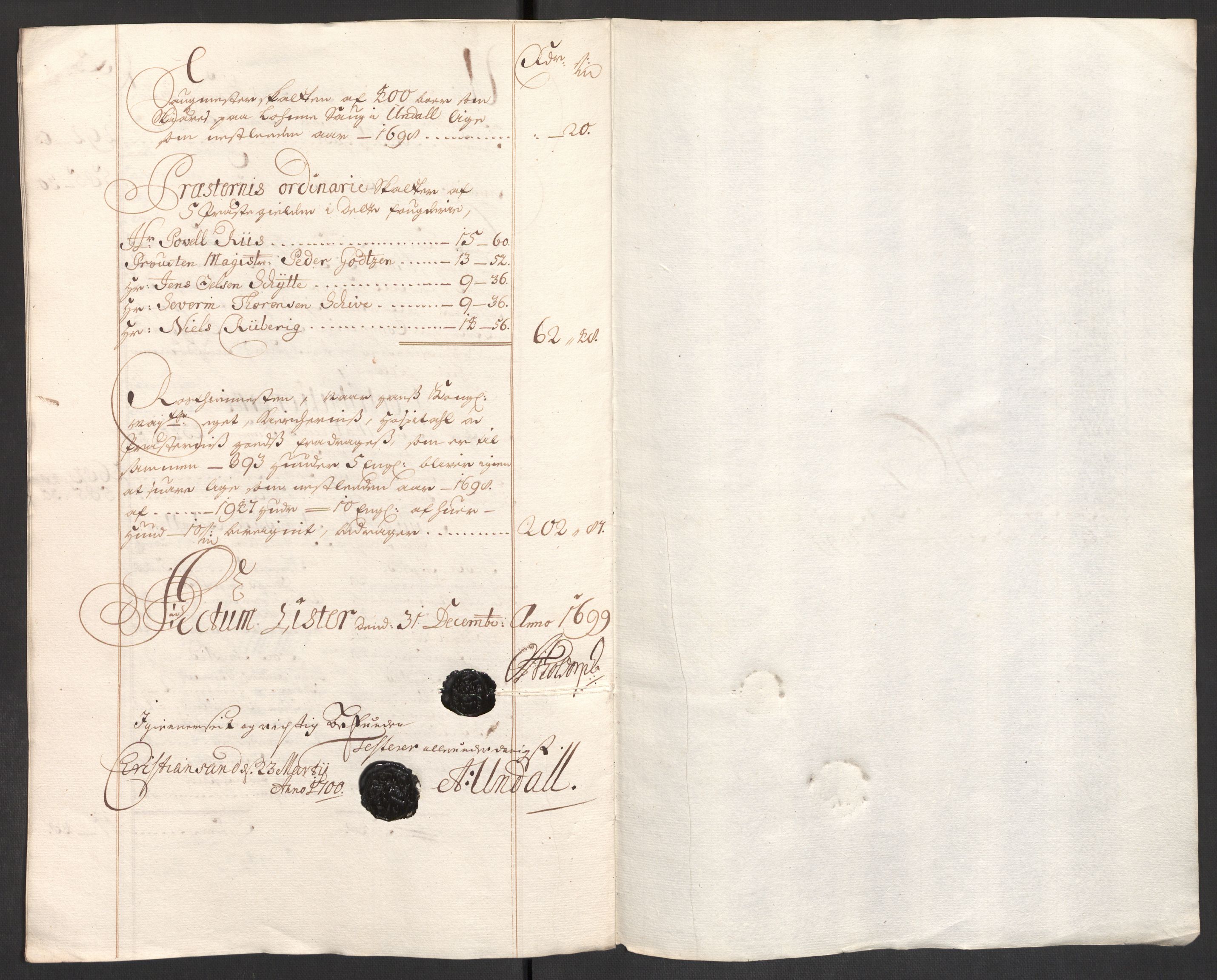 Rentekammeret inntil 1814, Reviderte regnskaper, Fogderegnskap, RA/EA-4092/R43/L2547: Fogderegnskap Lista og Mandal, 1698-1699, p. 172
