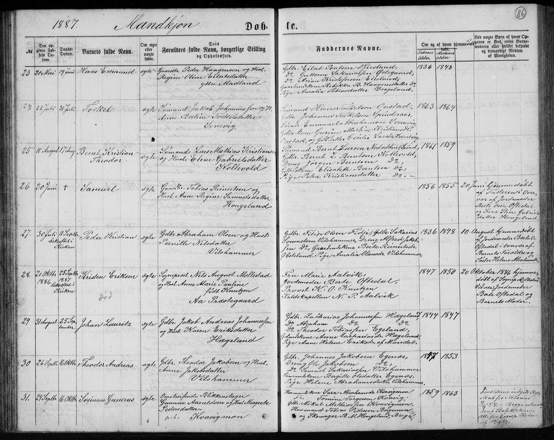 Lyngdal sokneprestkontor, AV/SAK-1111-0029/F/Fb/Fbc/L0004: Parish register (copy) no. B 4, 1878-1896, p. 86