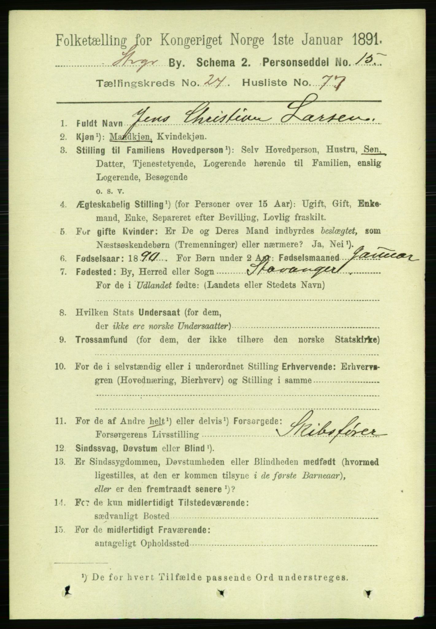 RA, 1891 census for 1103 Stavanger, 1891, p. 27264