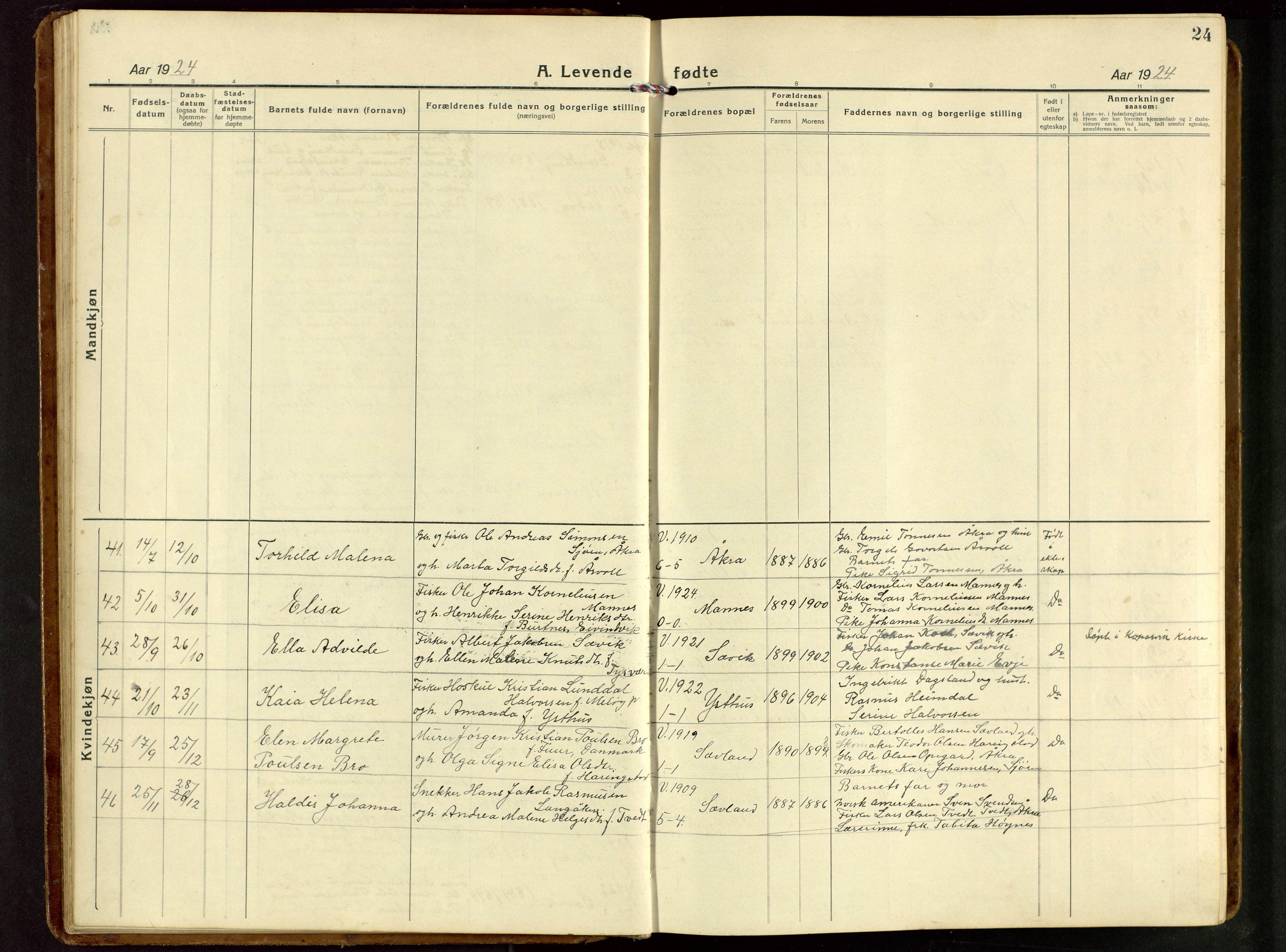 Kopervik sokneprestkontor, AV/SAST-A-101850/H/Ha/Hab/L0014: Parish register (copy) no. B 14, 1922-1947, p. 24