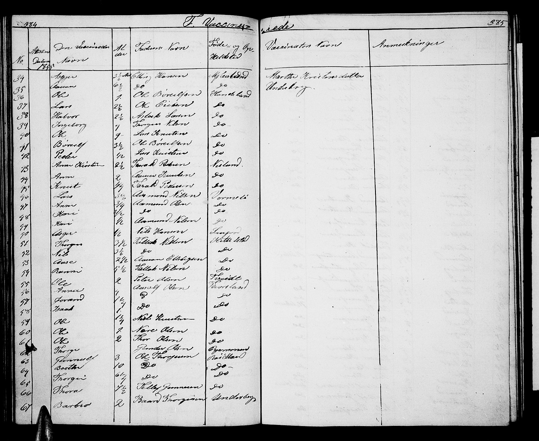 Åseral sokneprestkontor, SAK/1111-0051/F/Fb/L0001: Parish register (copy) no. B 1, 1856-1877, p. 384-385