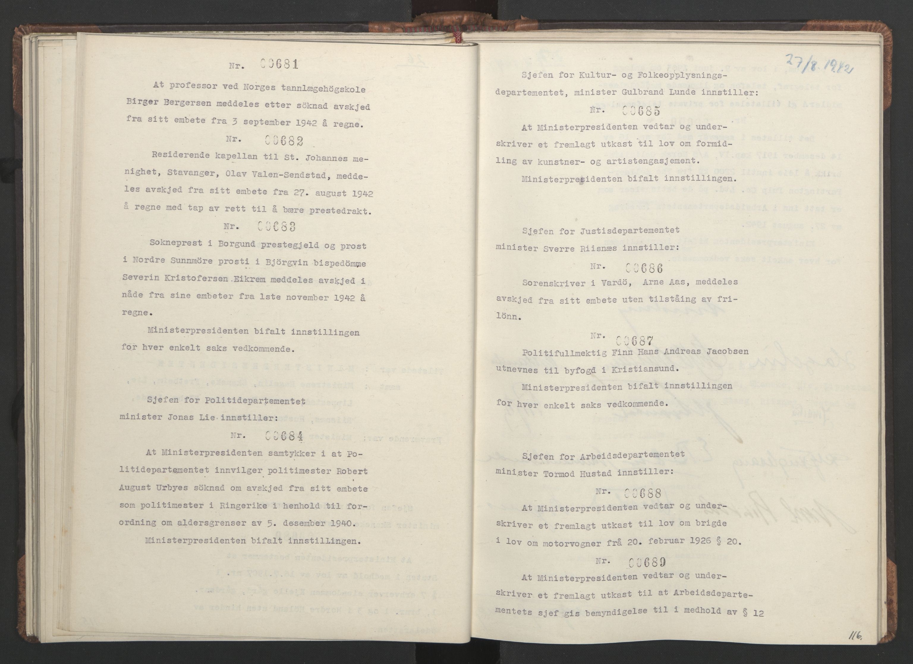 NS-administrasjonen 1940-1945 (Statsrådsekretariatet, de kommisariske statsråder mm), AV/RA-S-4279/D/Da/L0001: Beslutninger og tillegg (1-952 og 1-32), 1942, p. 119