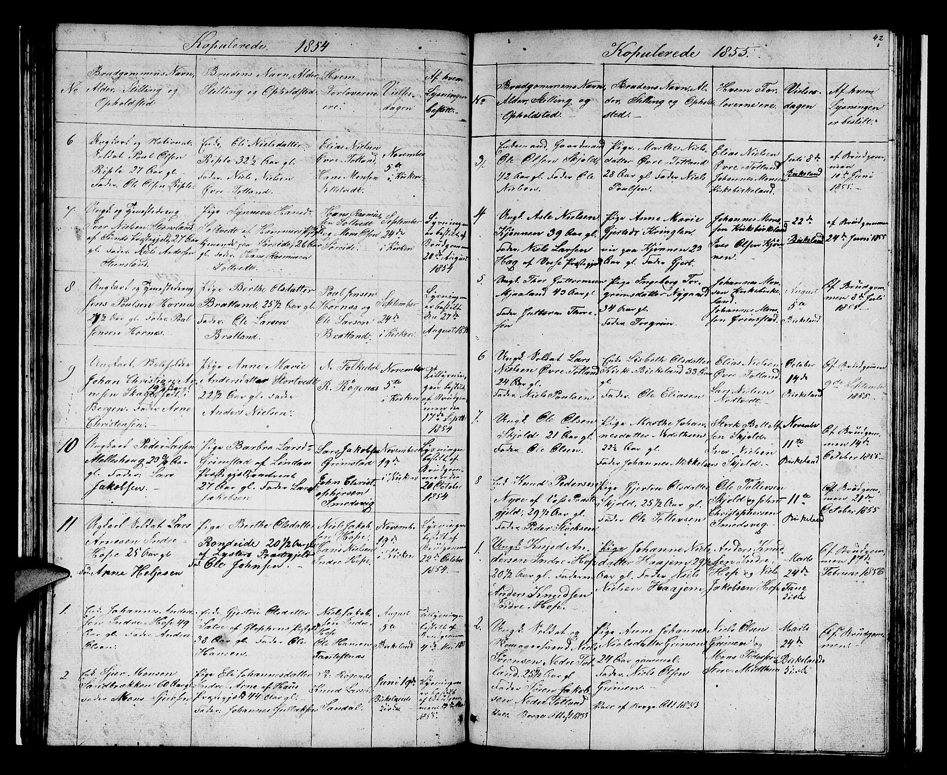 Birkeland Sokneprestembete, SAB/A-74601/H/Hab: Parish register (copy) no. A 1, 1853-1862, p. 42