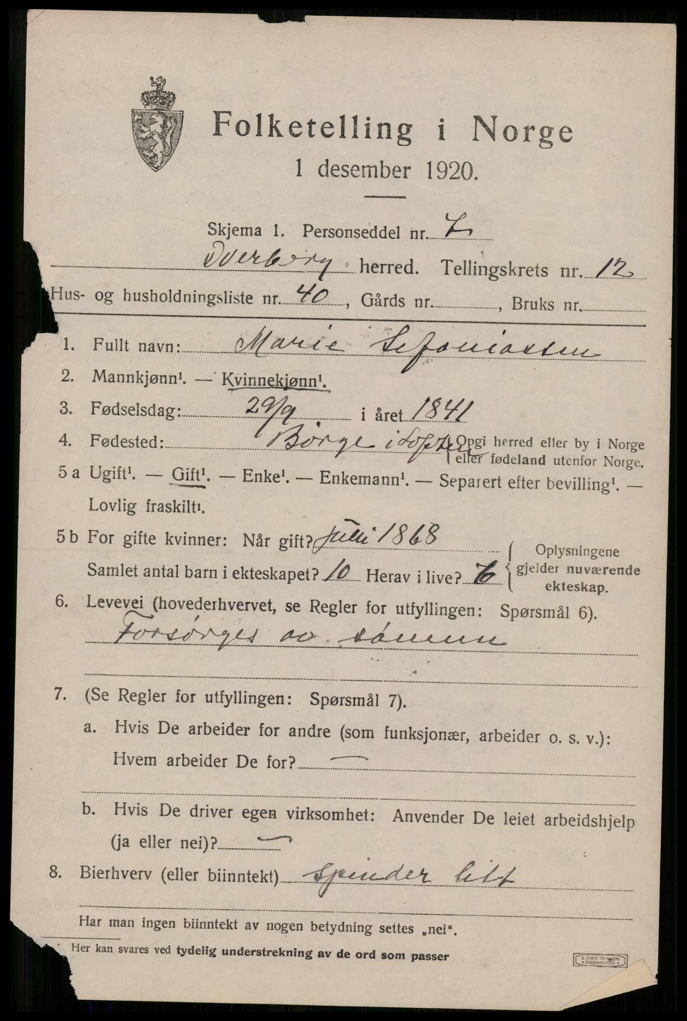 SAT, 1920 census for Dverberg, 1920, p. 9886