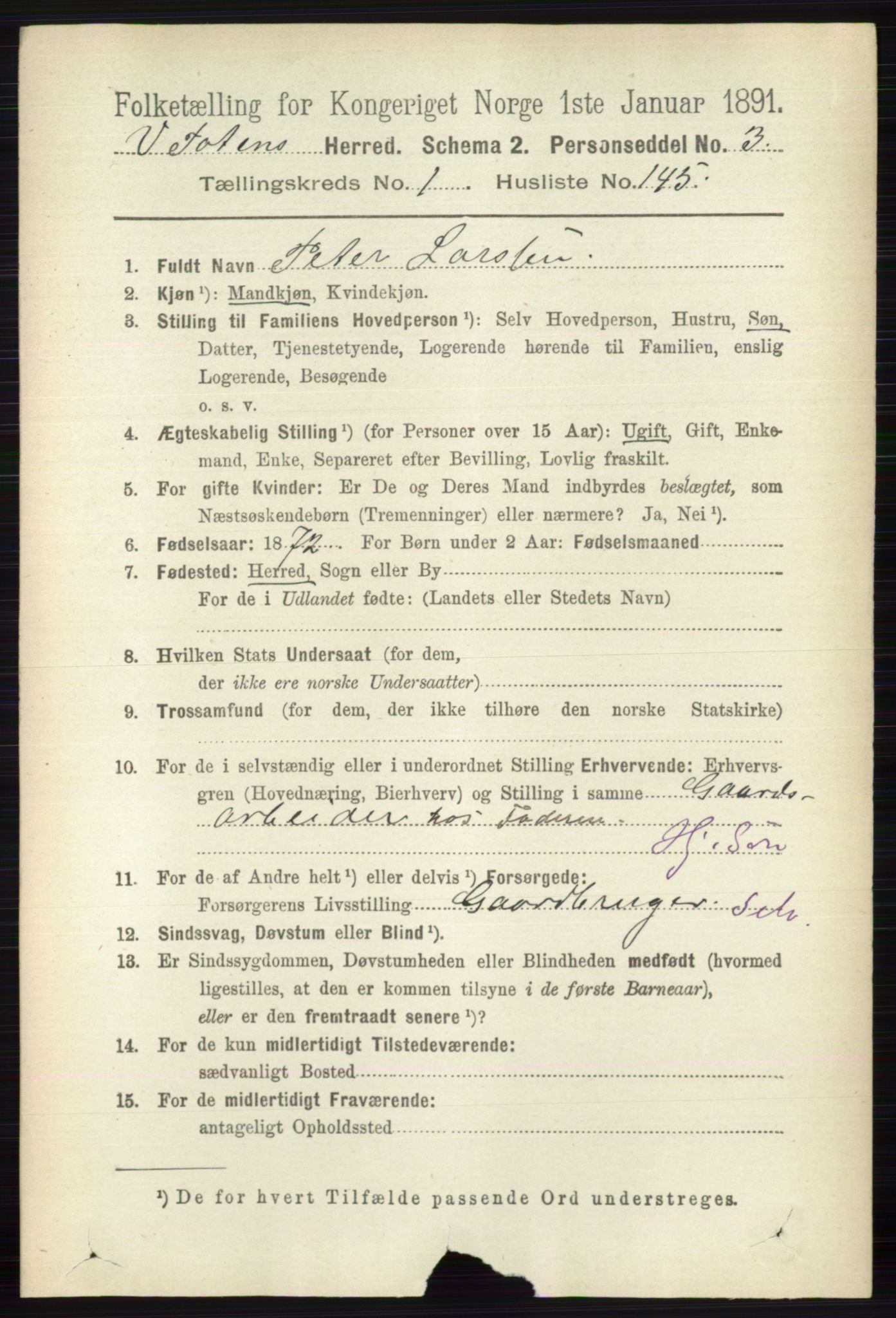 RA, 1891 census for 0529 Vestre Toten, 1891, p. 1285