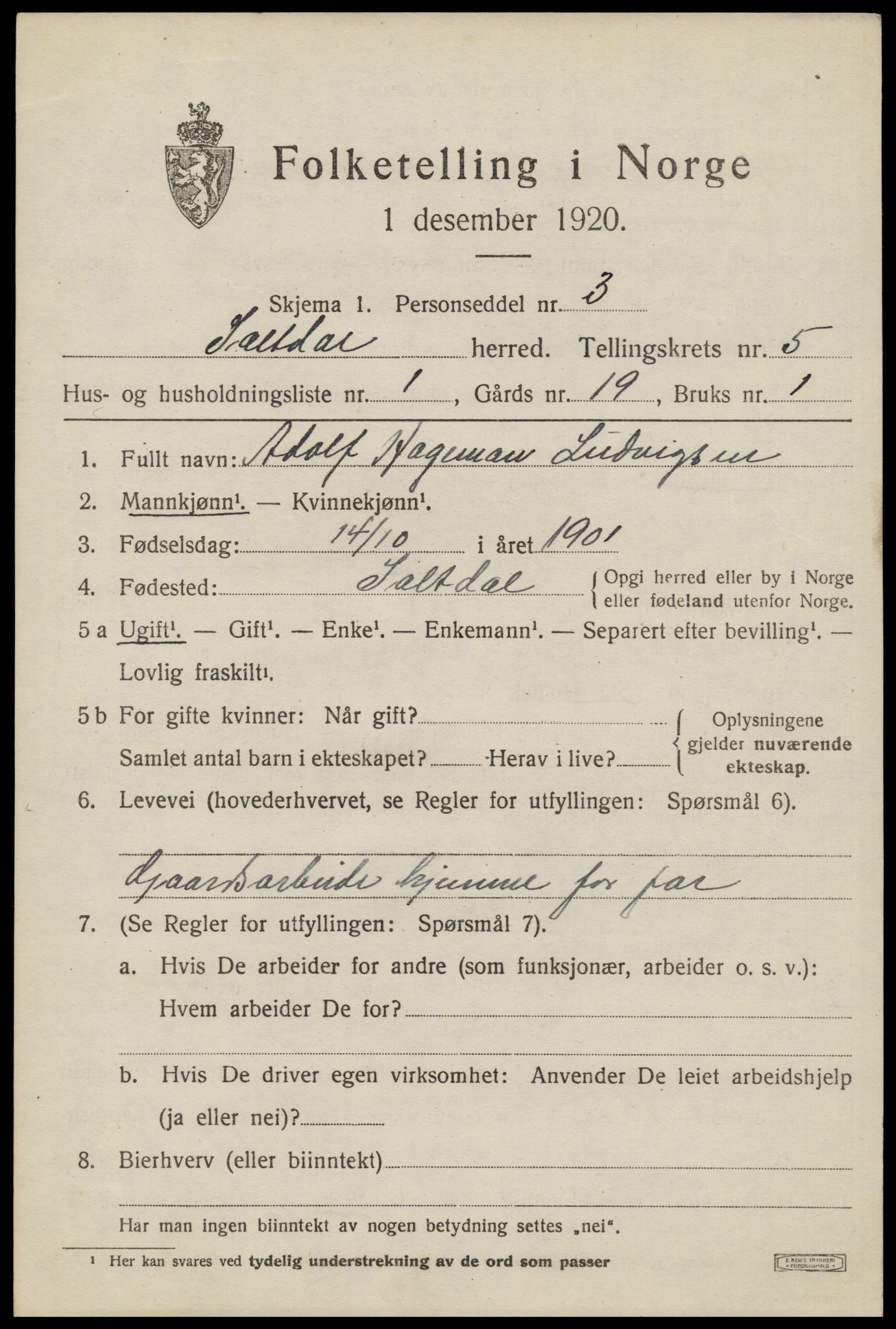 SAT, 1920 census for Saltdal, 1920, p. 6435