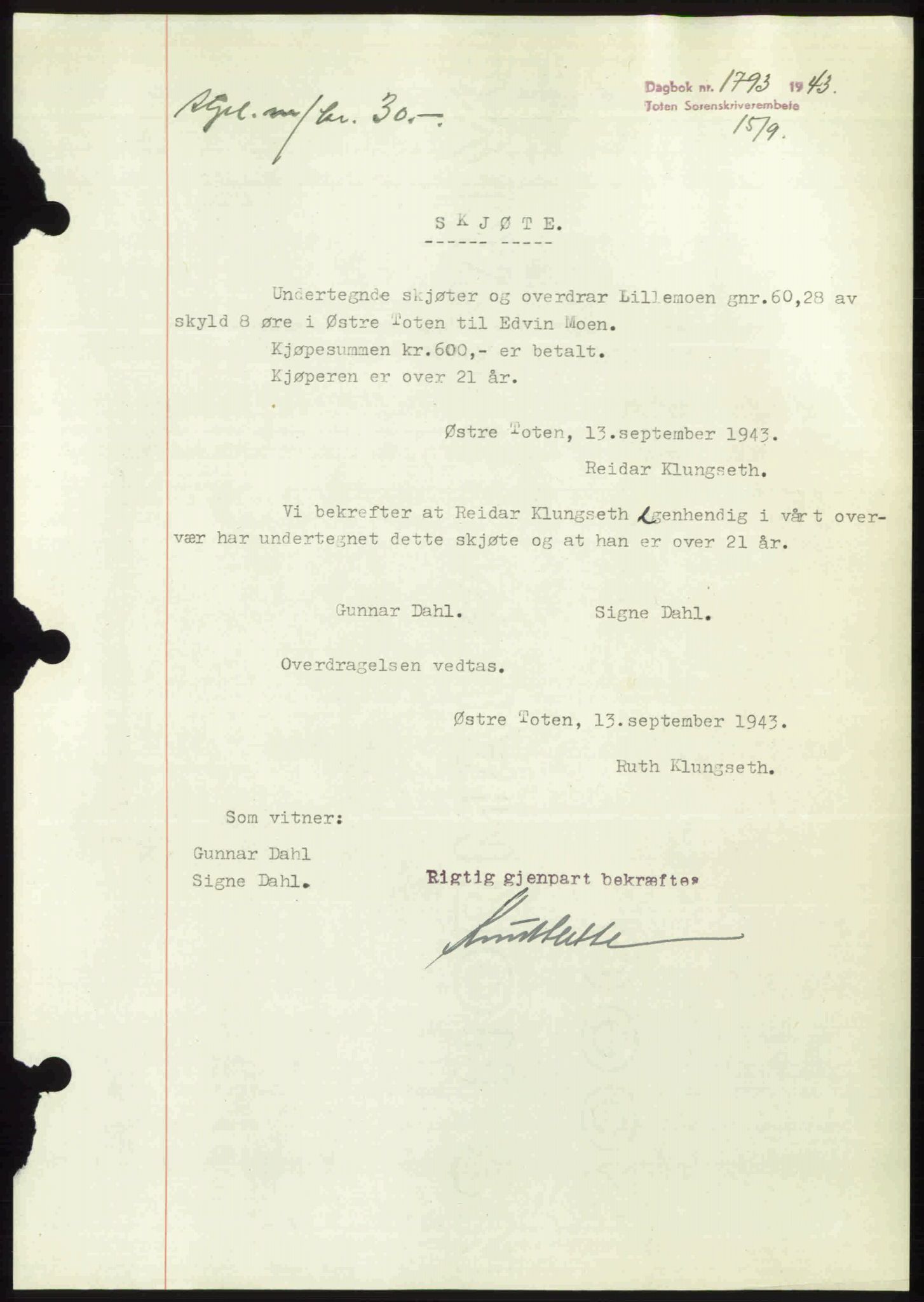 Toten tingrett, AV/SAH-TING-006/H/Hb/Hbc/L0011: Mortgage book no. Hbc-11, 1943-1944, Diary no: : 1793/1943