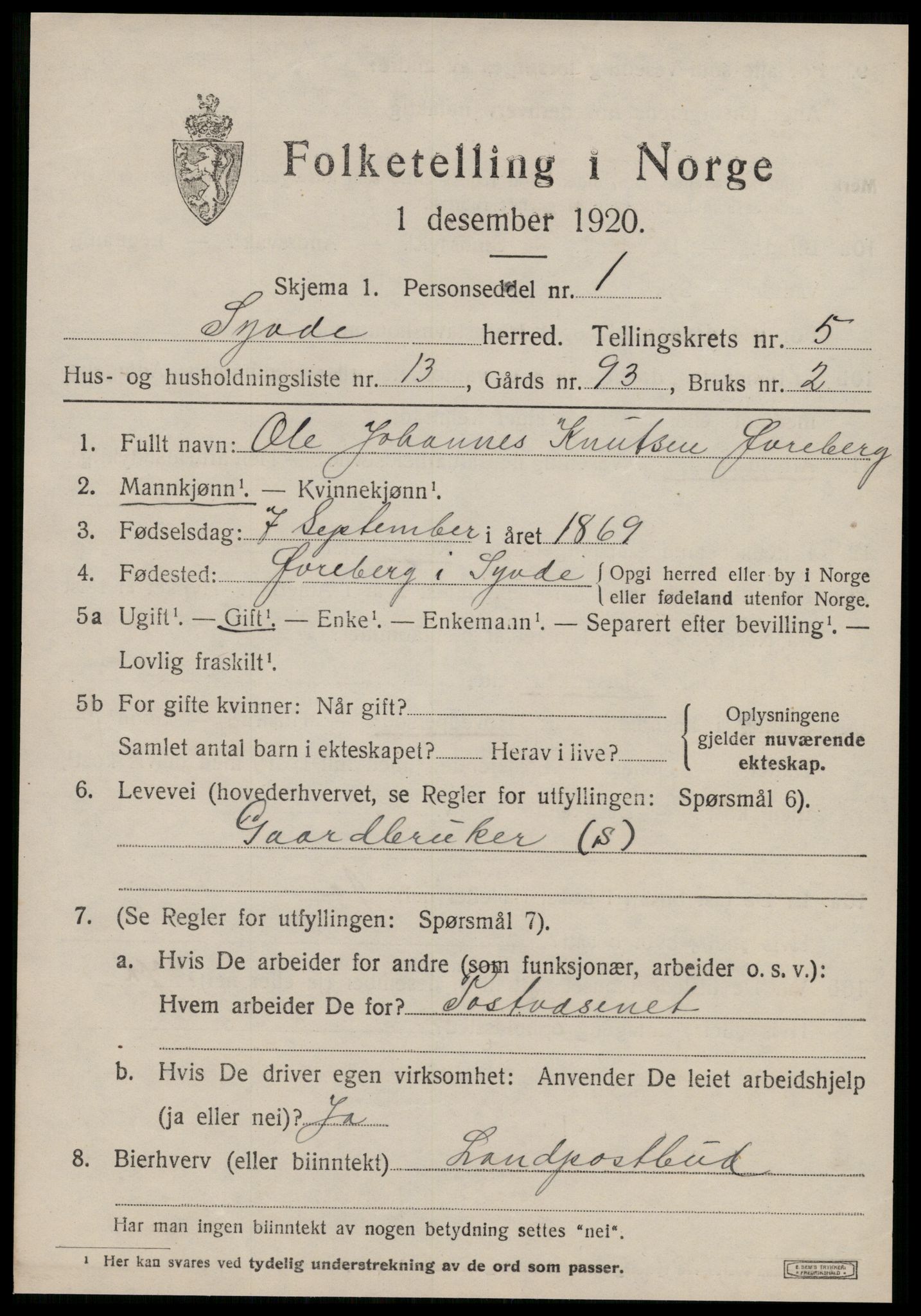 SAT, 1920 census for Syvde, 1920, p. 2016