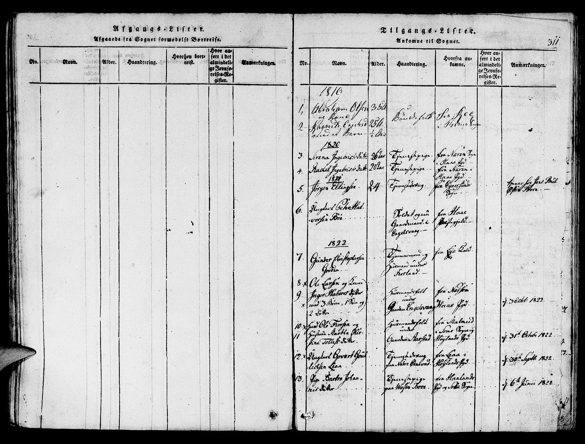 Klepp sokneprestkontor, SAST/A-101803/001/3/30BA/L0002: Parish register (official) no. A 2, 1816-1833, p. 311