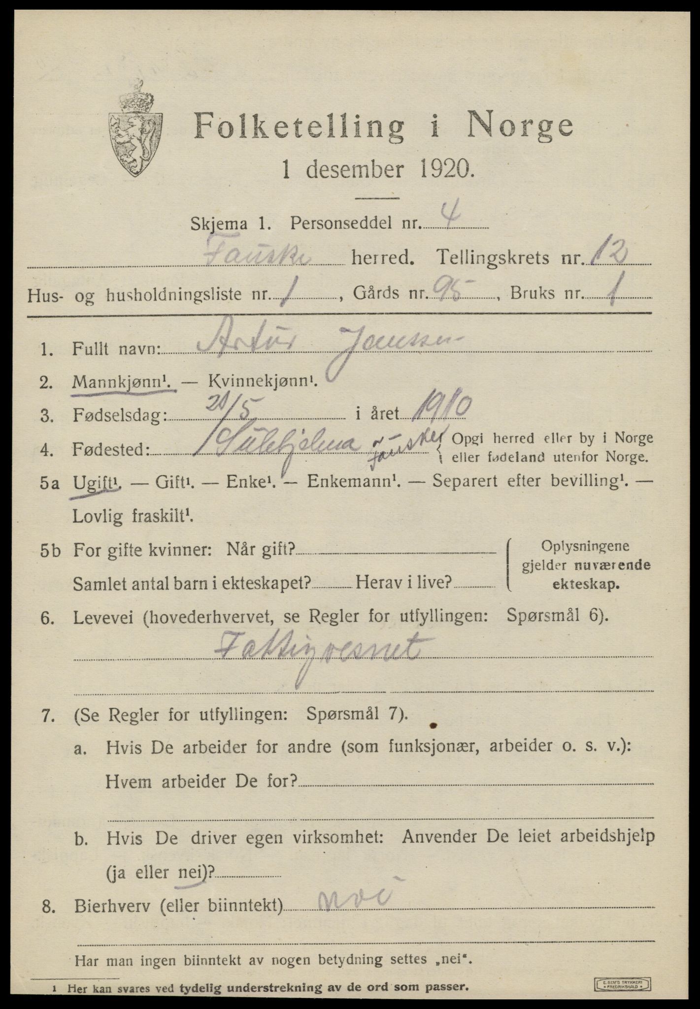 SAT, 1920 census for Fauske, 1920, p. 8178