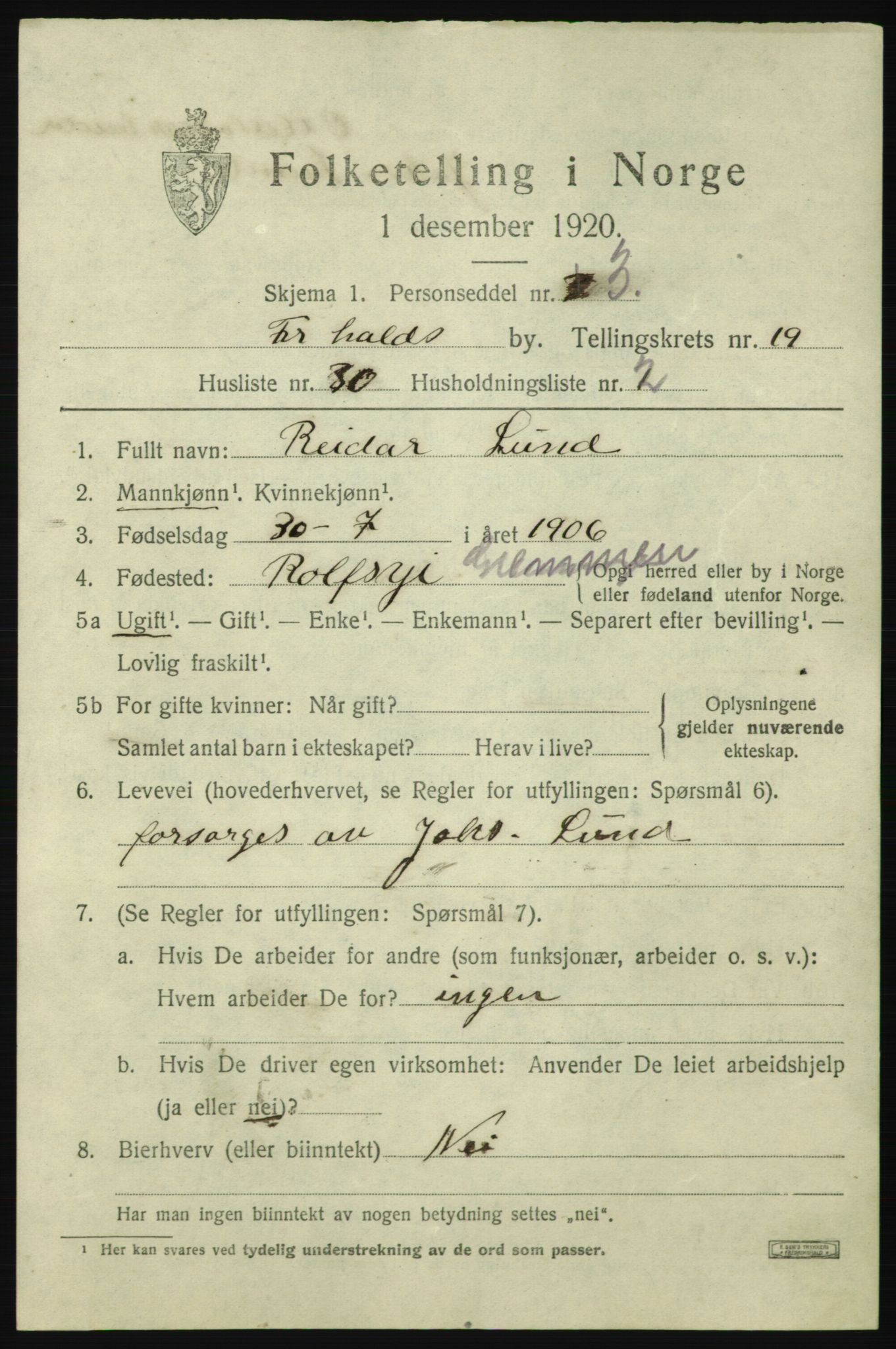 SAO, 1920 census for Fredrikshald, 1920, p. 28986