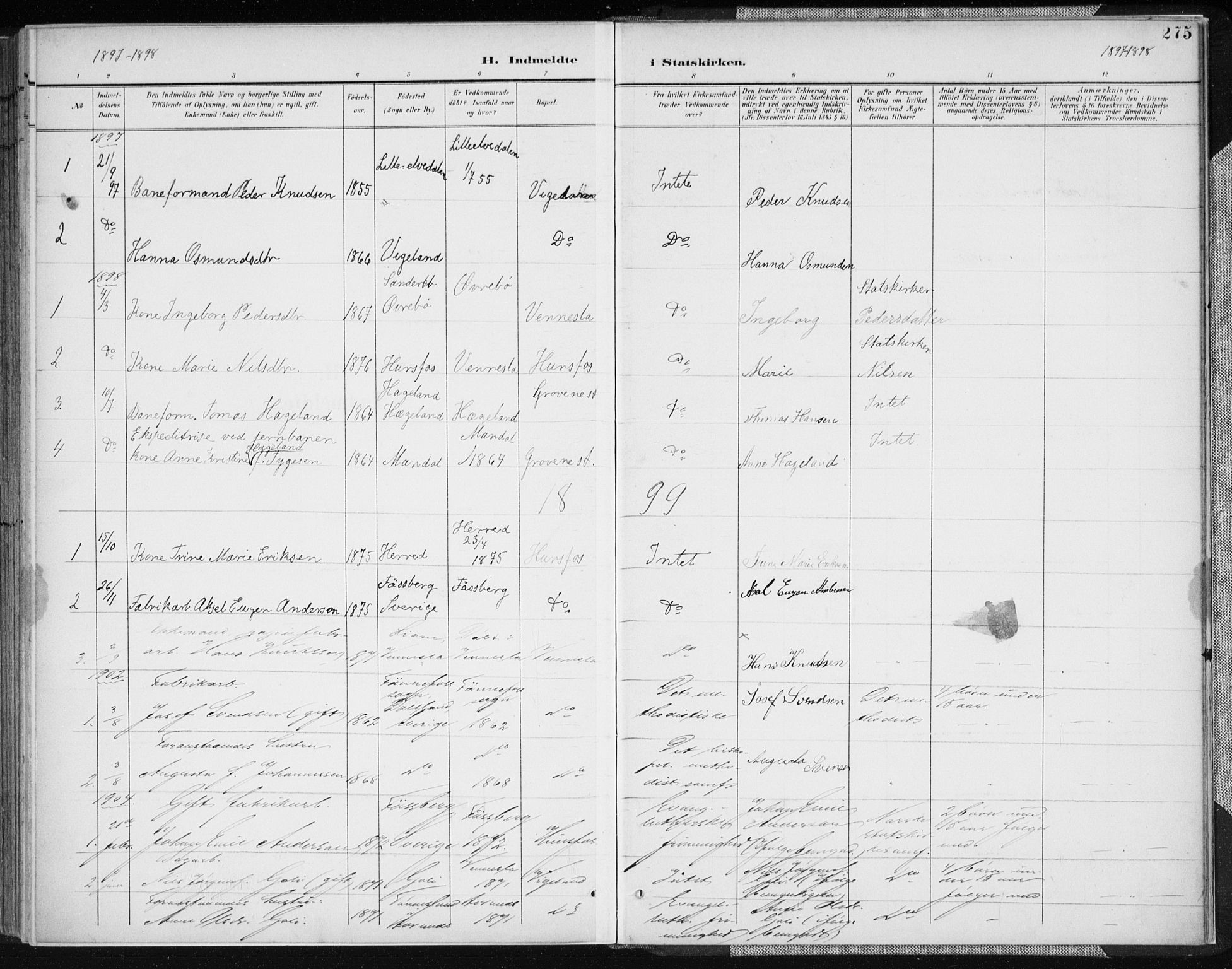 Vennesla sokneprestkontor, AV/SAK-1111-0045/Fa/Fab/L0005: Parish register (official) no. A 5, 1897-1909, p. 275