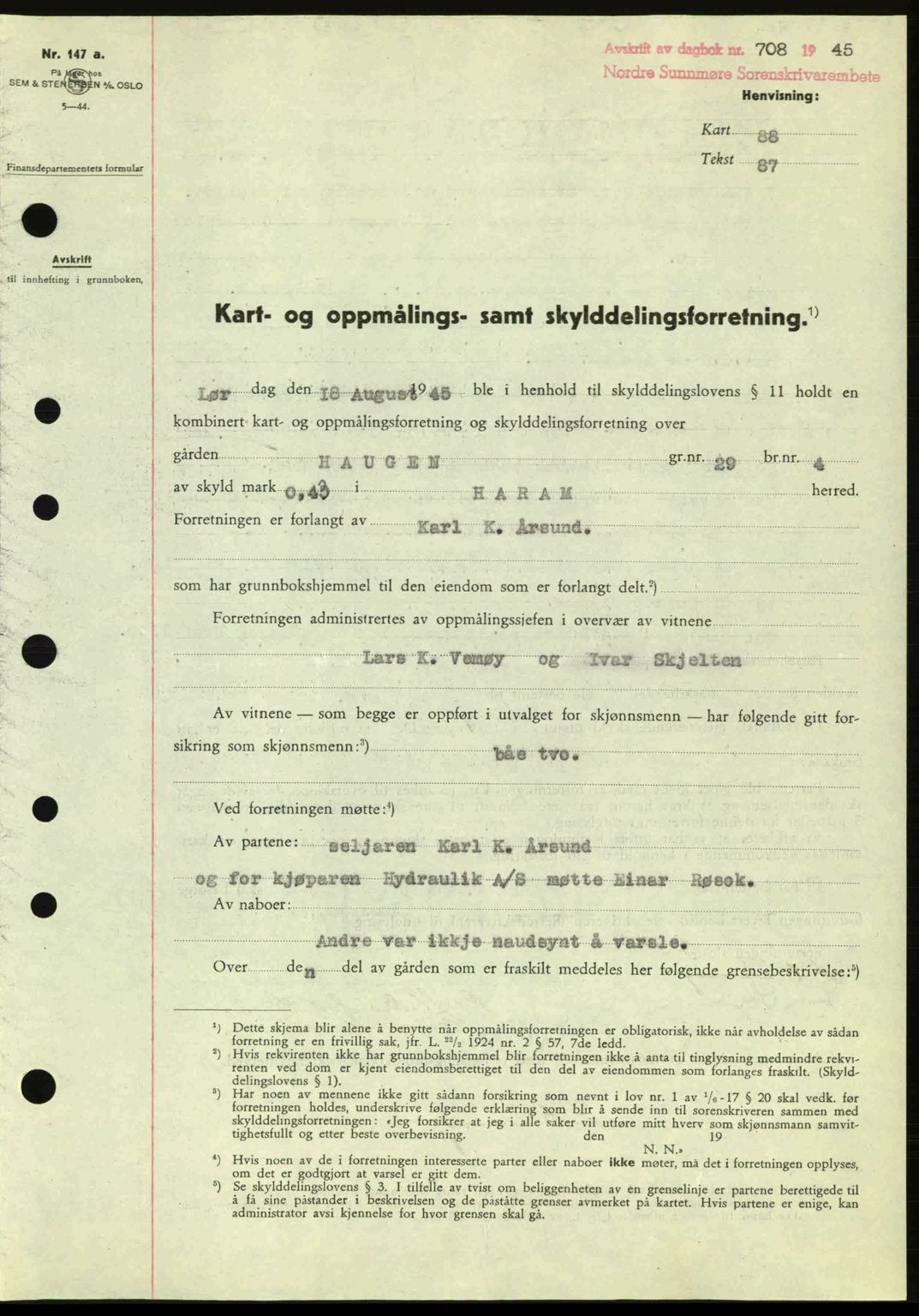 Nordre Sunnmøre sorenskriveri, AV/SAT-A-0006/1/2/2C/2Ca: Mortgage book no. A20a, 1945-1945, Diary no: : 708/1945