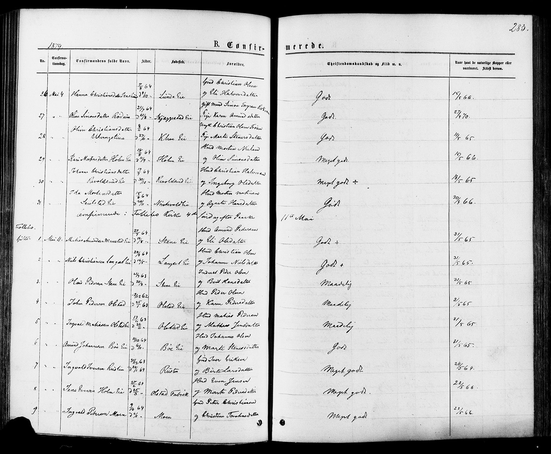 Østre Gausdal prestekontor, AV/SAH-PREST-092/H/Ha/Haa/L0001: Parish register (official) no. 1, 1874-1886, p. 283