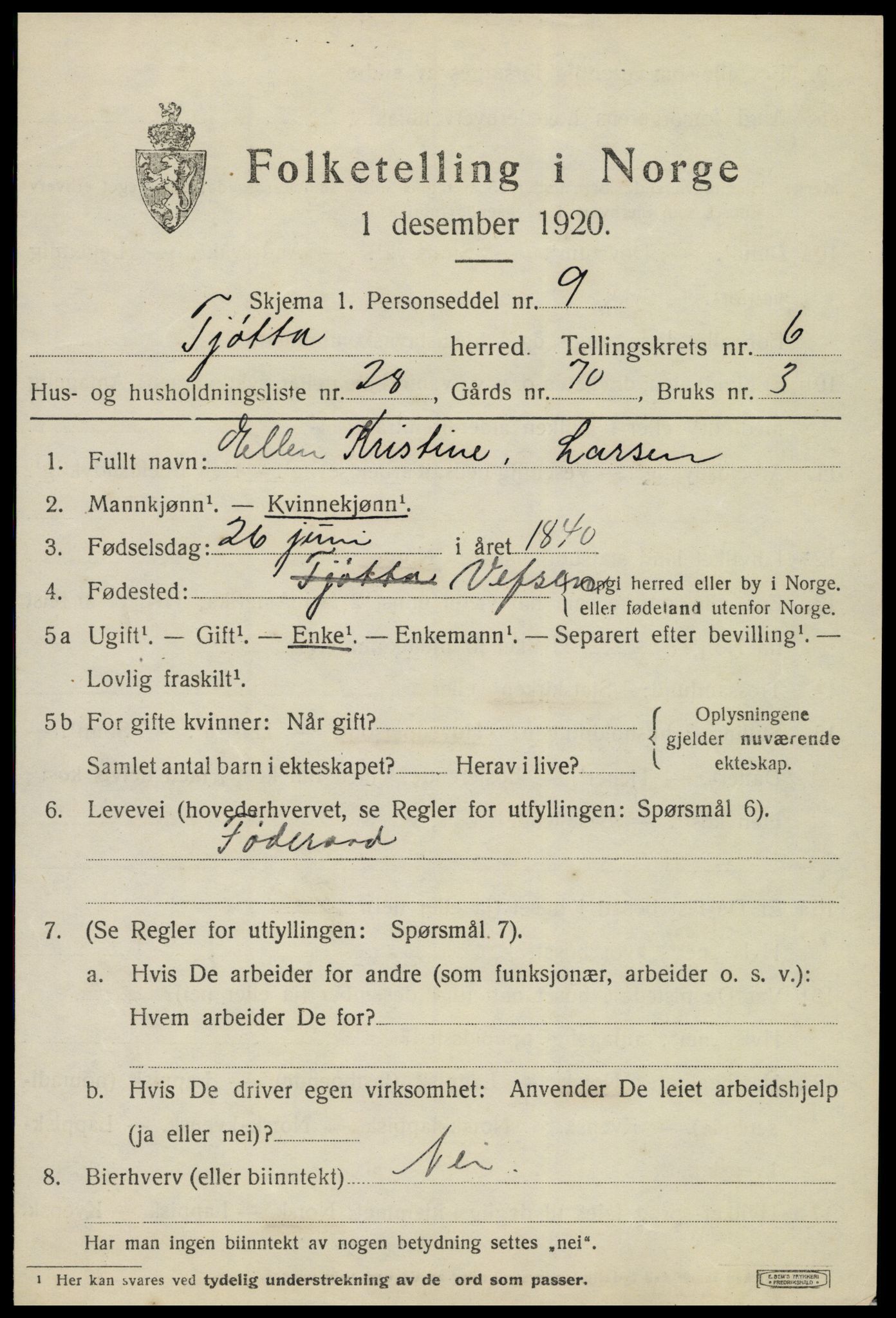 SAT, 1920 census for Tjøtta, 1920, p. 2845