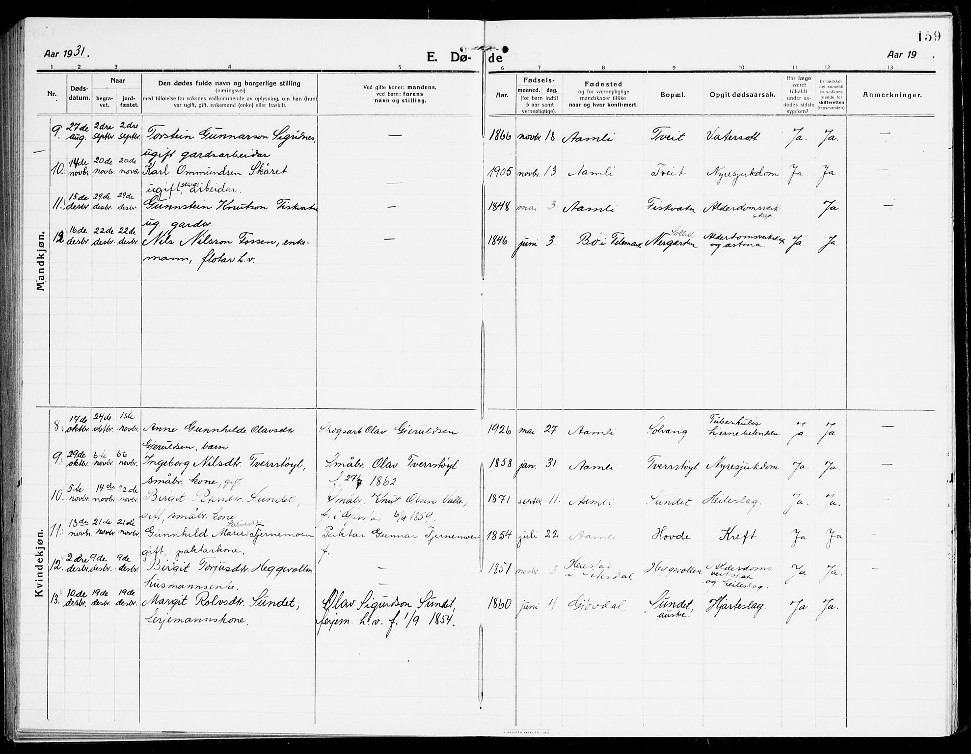 Åmli sokneprestkontor, AV/SAK-1111-0050/F/Fa/Fac/L0013: Parish register (official) no. A 13, 1914-1933, p. 159