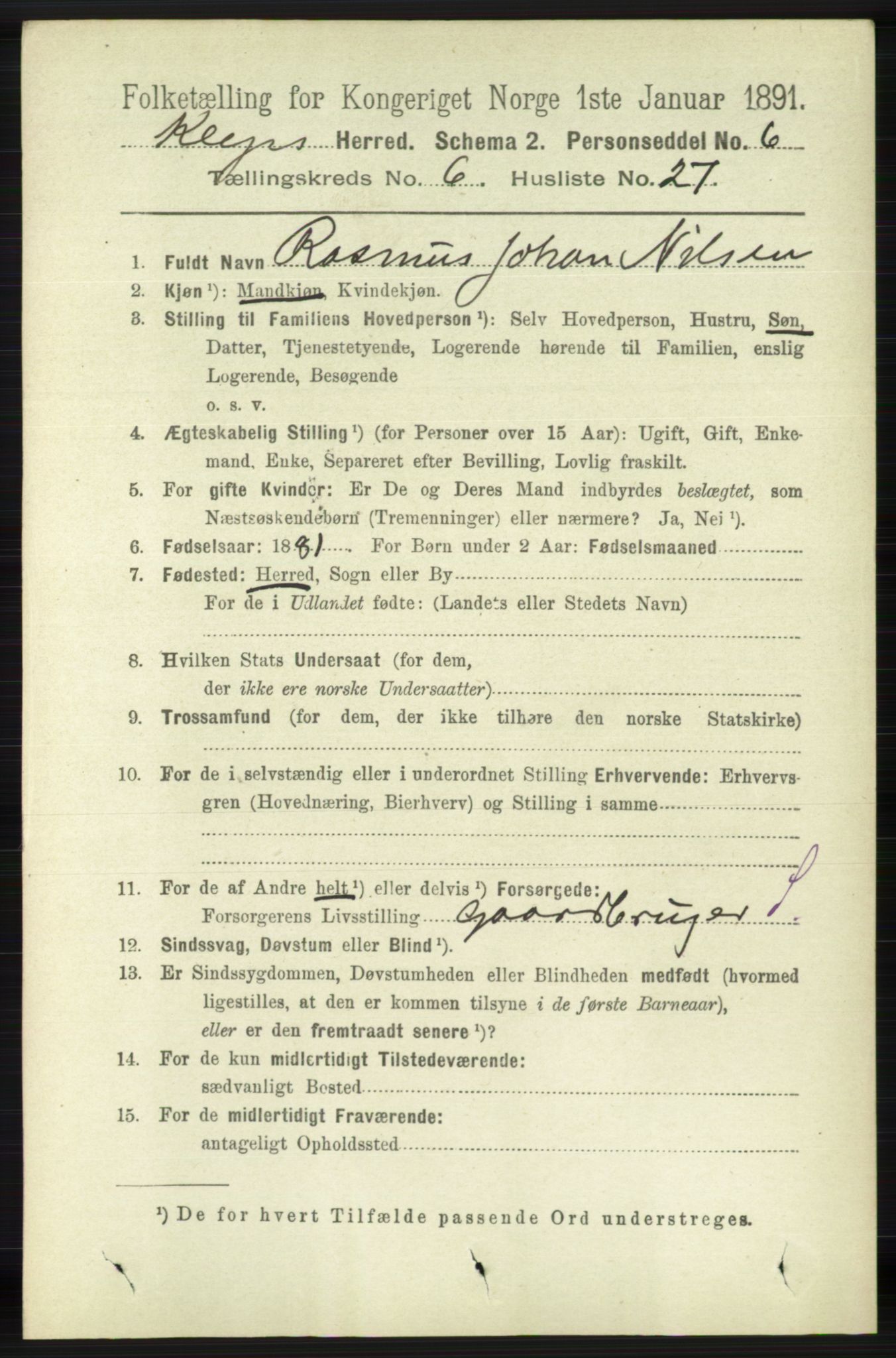 RA, 1891 census for 1120 Klepp, 1891, p. 1824