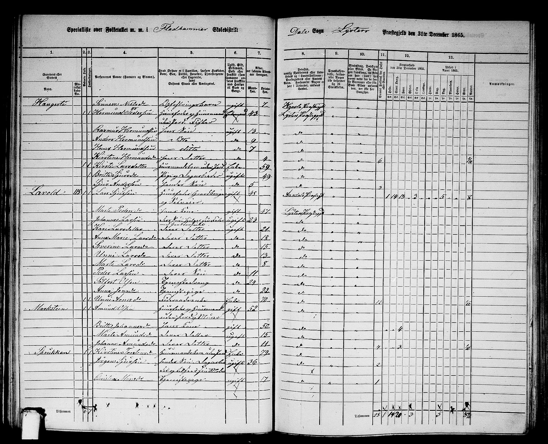 RA, 1865 census for Luster, 1865, p. 68