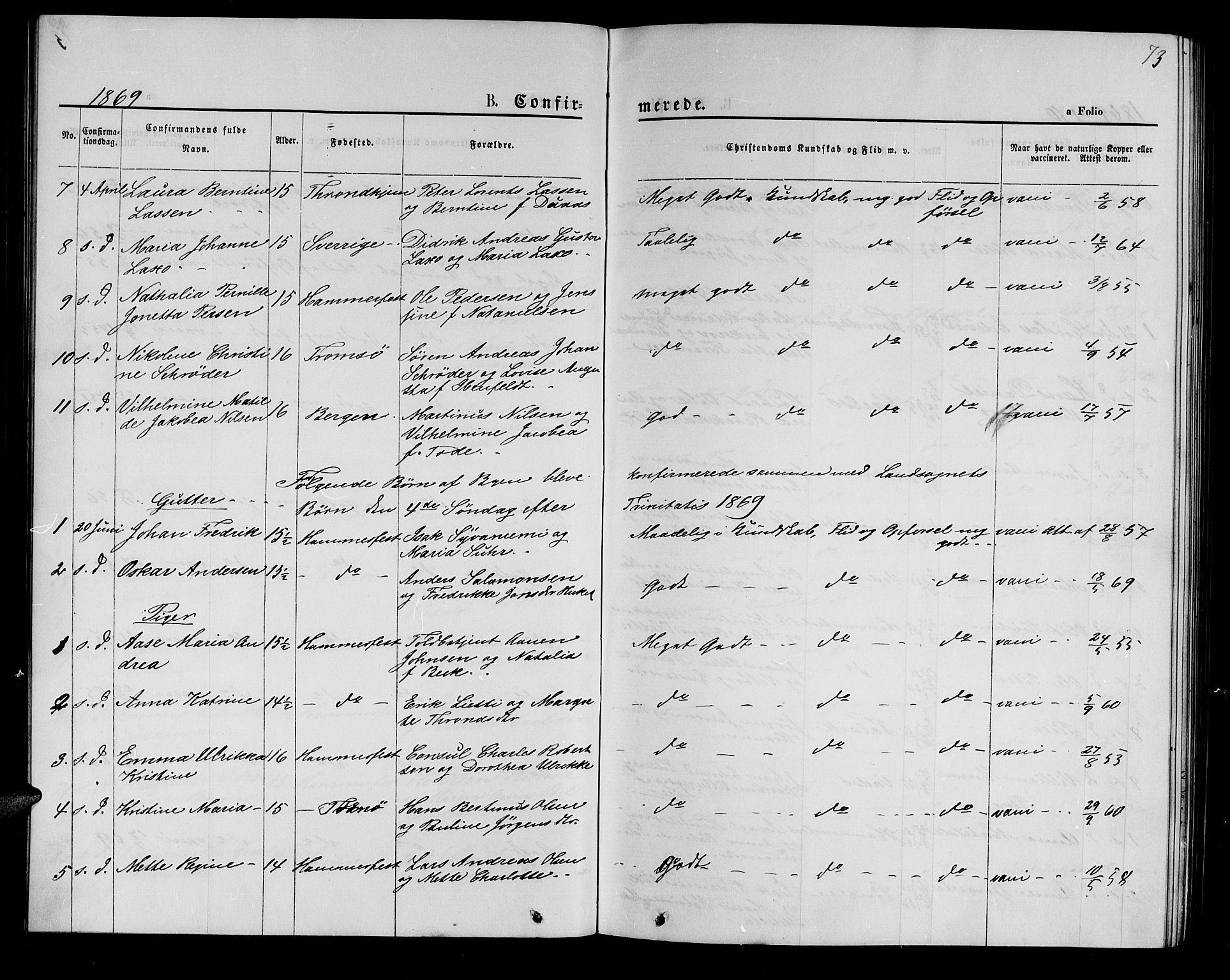 Hammerfest sokneprestkontor, SATØ/S-1347/H/Hb/L0004.klokk: Parish register (copy) no. 4, 1869-1877, p. 73
