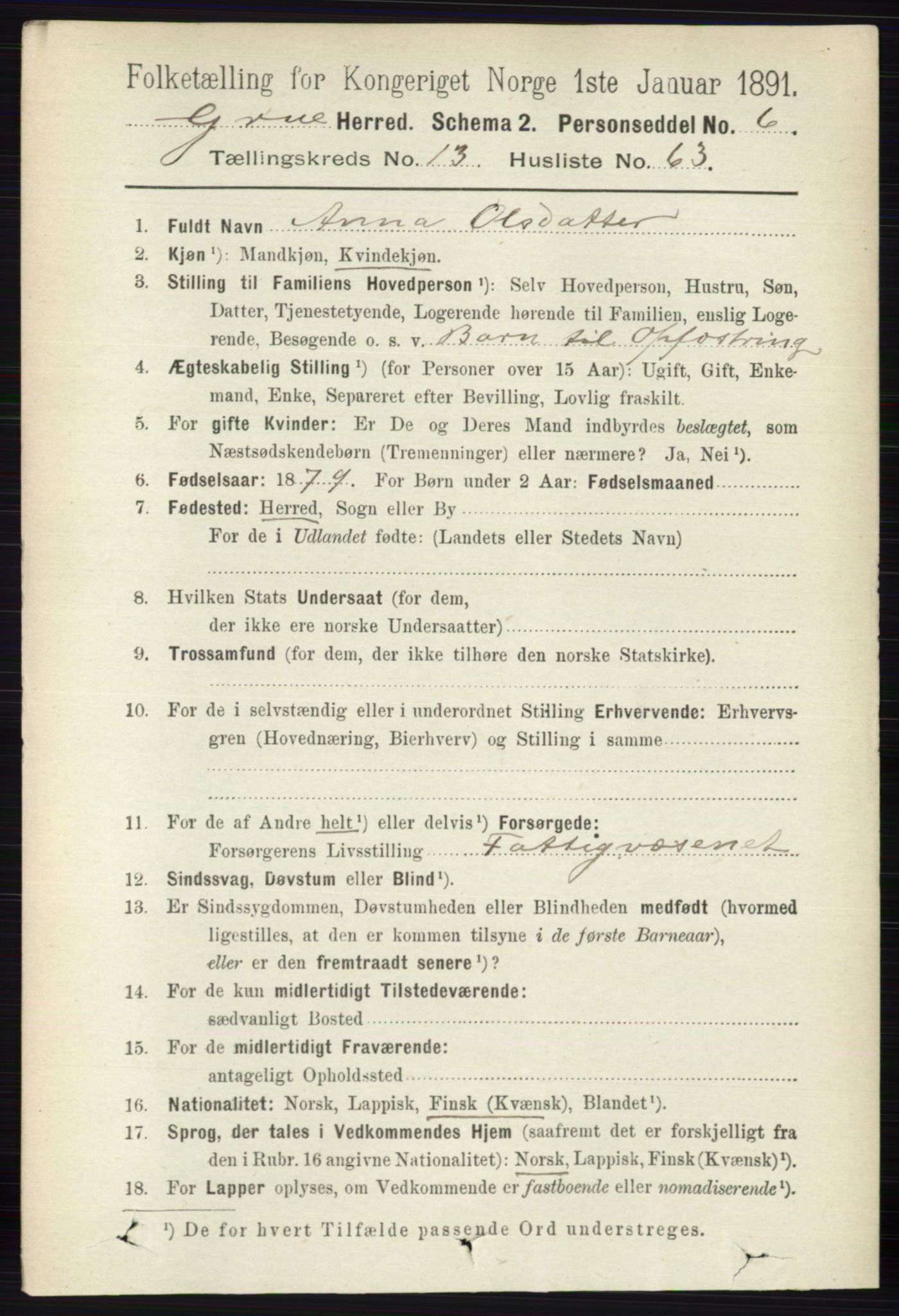 RA, 1891 census for 0423 Grue, 1891, p. 6981