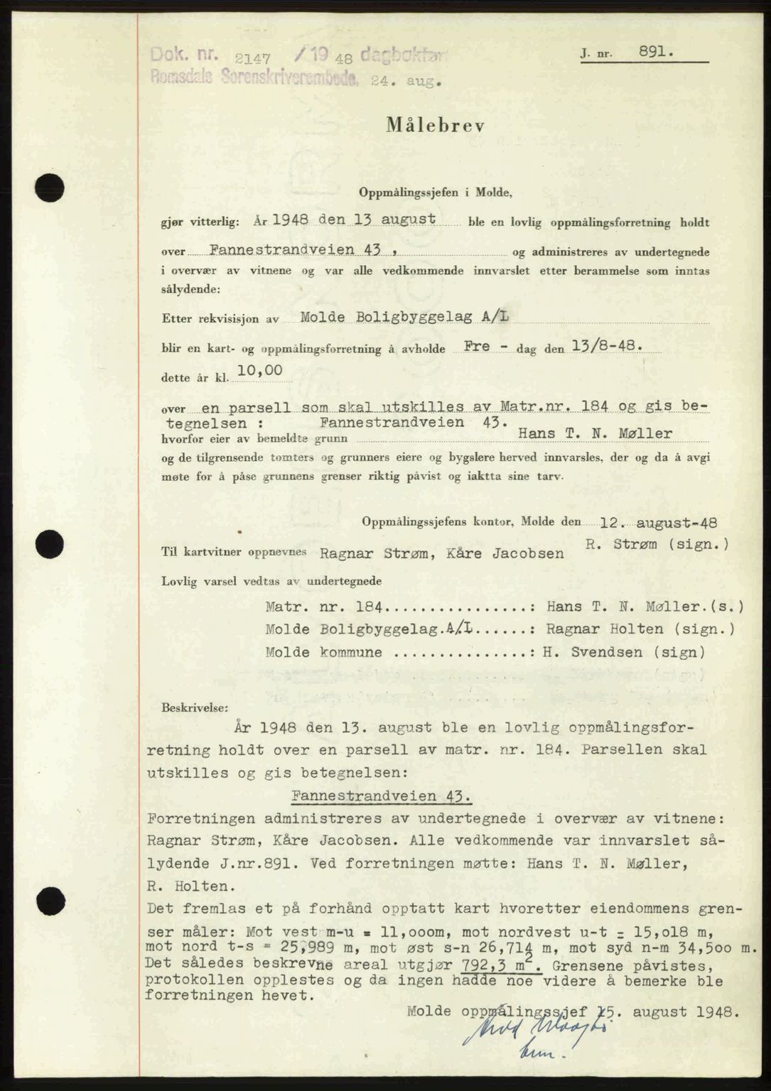 Romsdal sorenskriveri, AV/SAT-A-4149/1/2/2C: Mortgage book no. A27, 1948-1948, Diary no: : 2147/1948