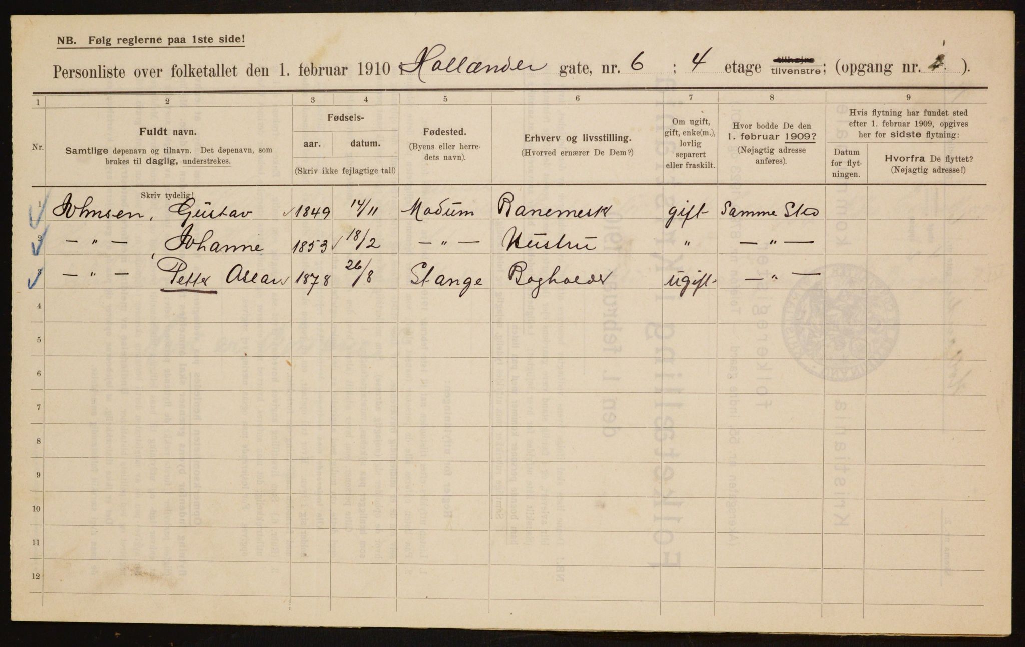 OBA, Municipal Census 1910 for Kristiania, 1910, p. 39979