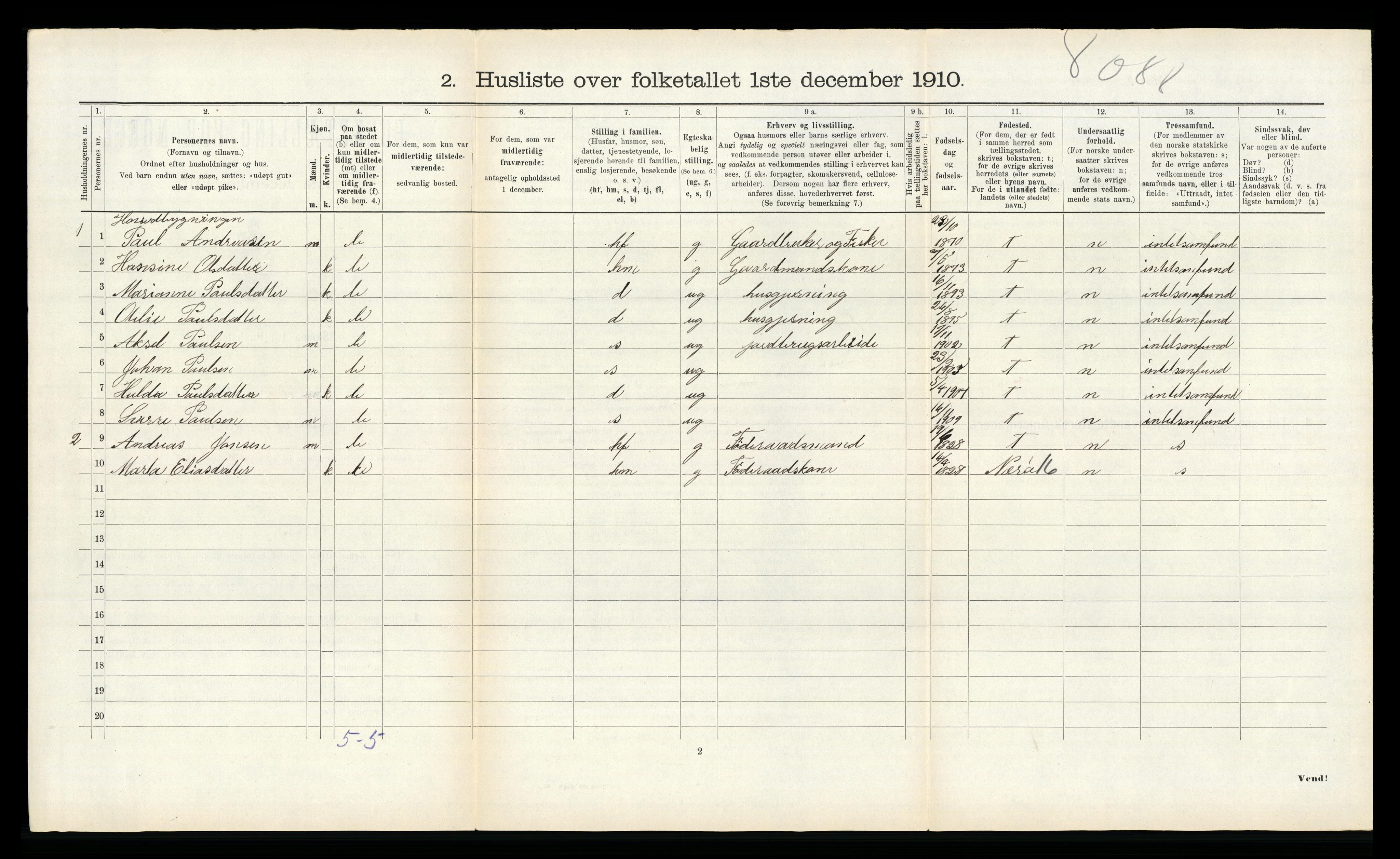 RA, 1910 census for Vikna, 1910, p. 960