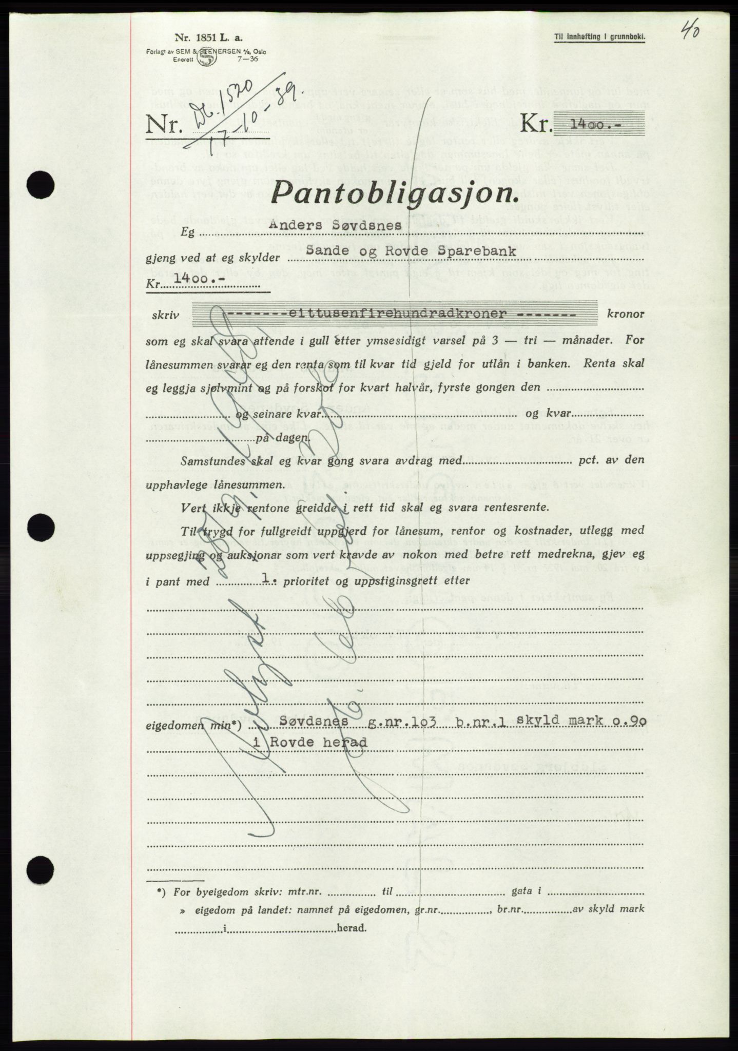 Søre Sunnmøre sorenskriveri, AV/SAT-A-4122/1/2/2C/L0069: Mortgage book no. 63, 1939-1940, Diary no: : 1520/1939