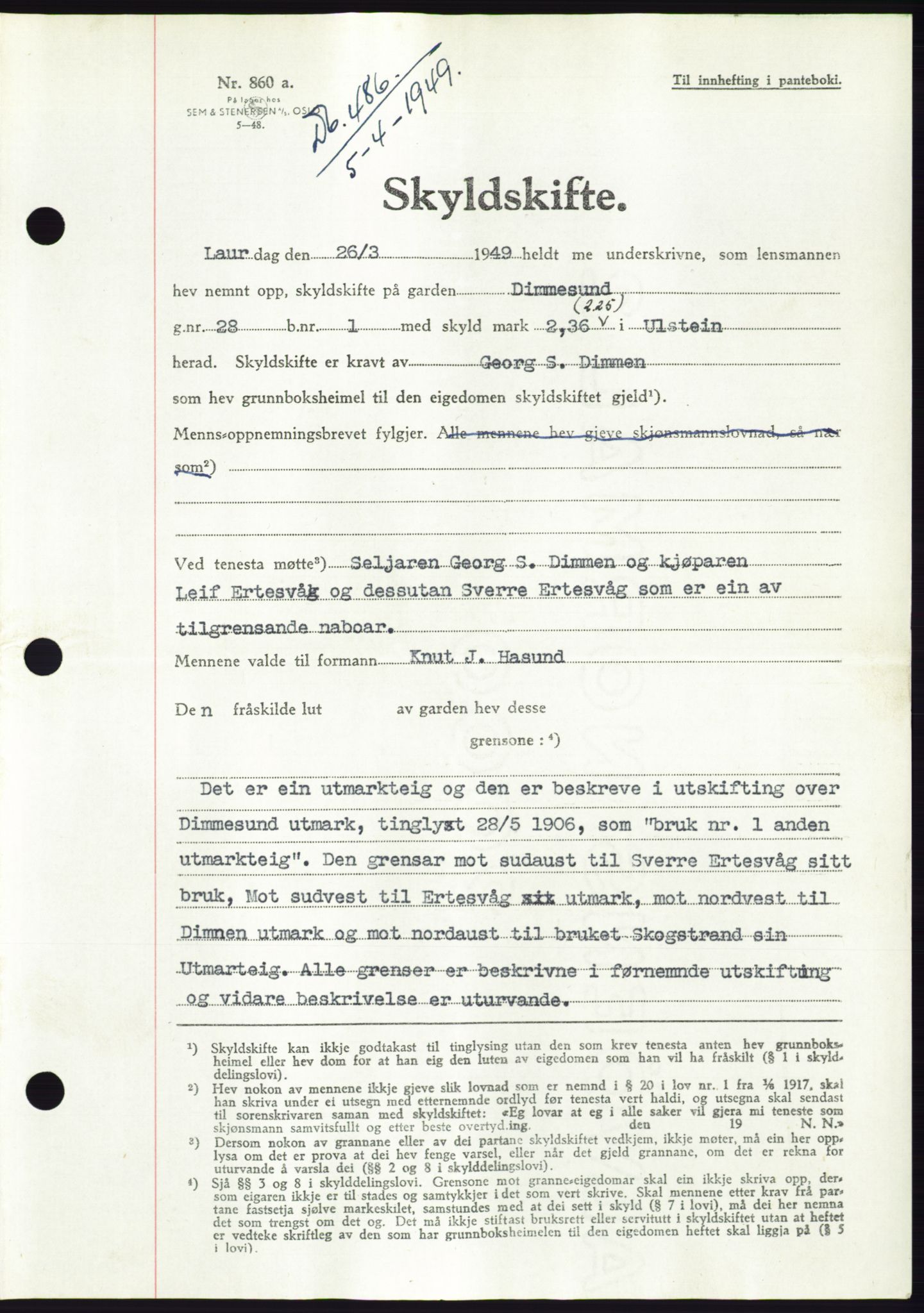 Søre Sunnmøre sorenskriveri, AV/SAT-A-4122/1/2/2C/L0084: Mortgage book no. 10A, 1949-1949, Diary no: : 486/1949