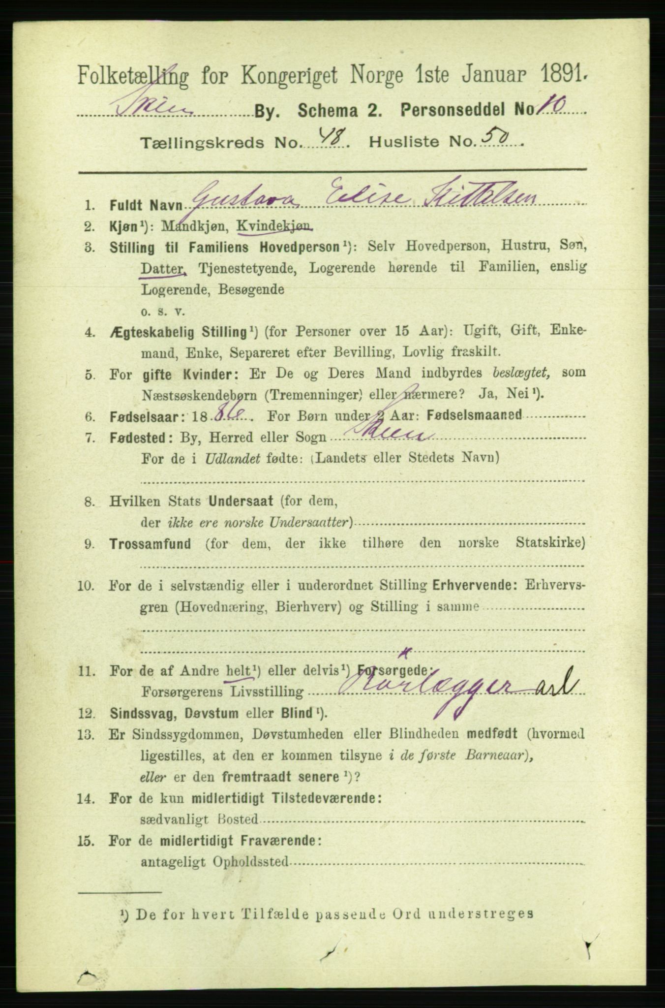 RA, 1891 census for 0806 Skien, 1891, p. 10287