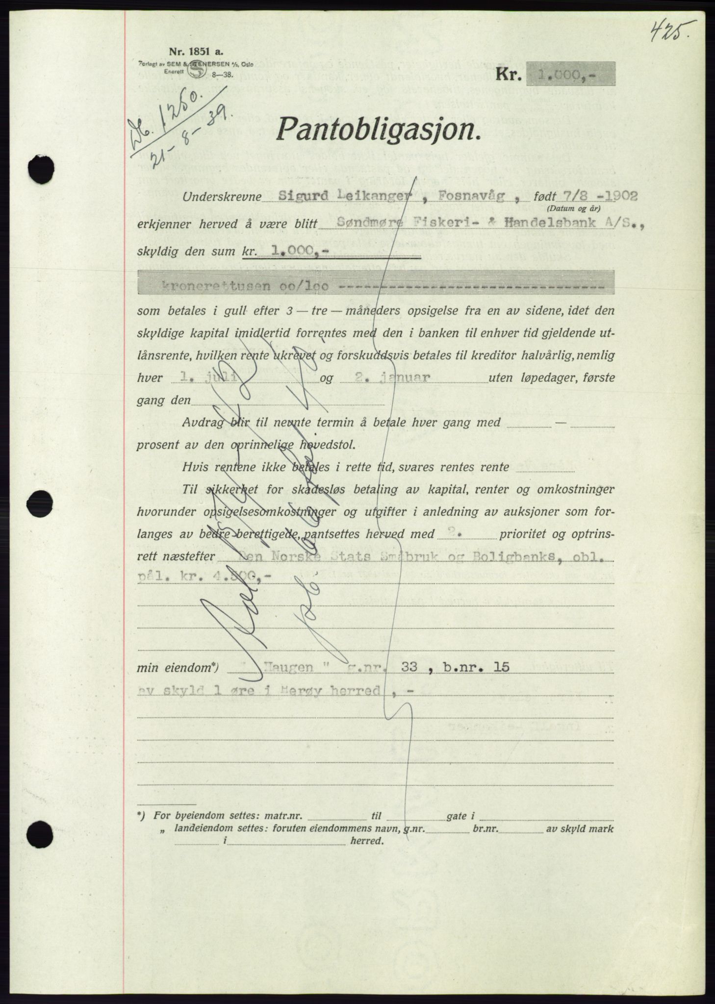 Søre Sunnmøre sorenskriveri, AV/SAT-A-4122/1/2/2C/L0068: Mortgage book no. 62, 1939-1939, Diary no: : 1250/1939