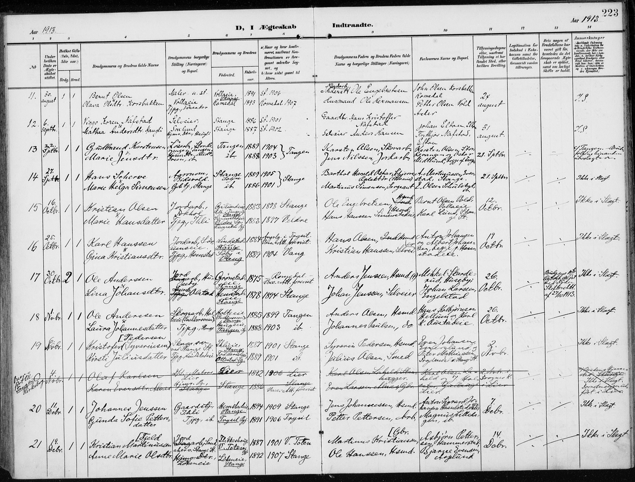 Stange prestekontor, SAH/PREST-002/K/L0024: Parish register (official) no. 24, 1906-1922, p. 223