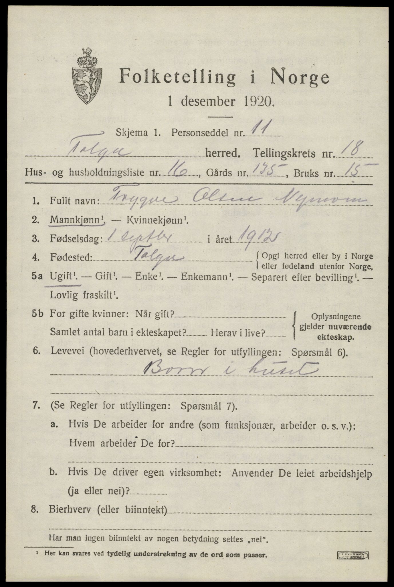 SAH, 1920 census for Tolga, 1920, p. 8447