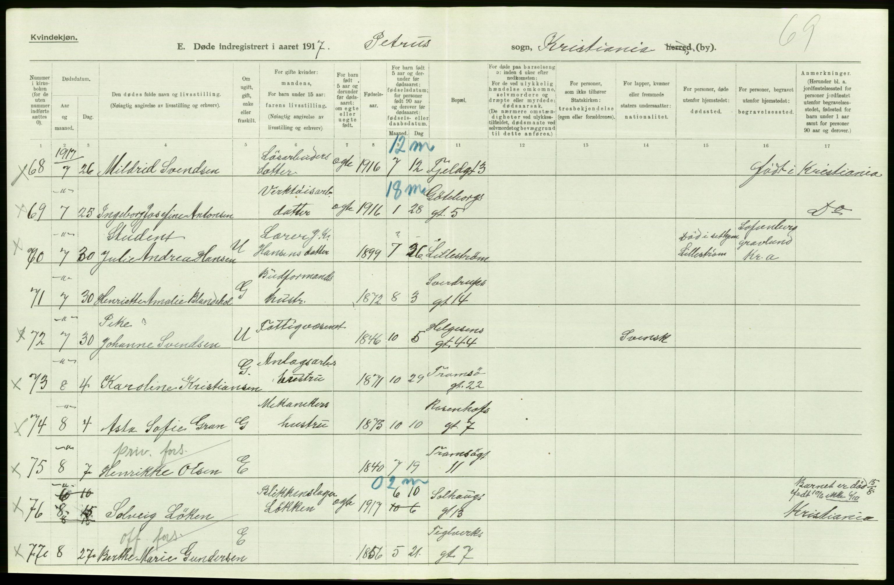 Statistisk sentralbyrå, Sosiodemografiske emner, Befolkning, AV/RA-S-2228/D/Df/Dfb/Dfbg/L0010: Kristiania: Døde, 1917, p. 228