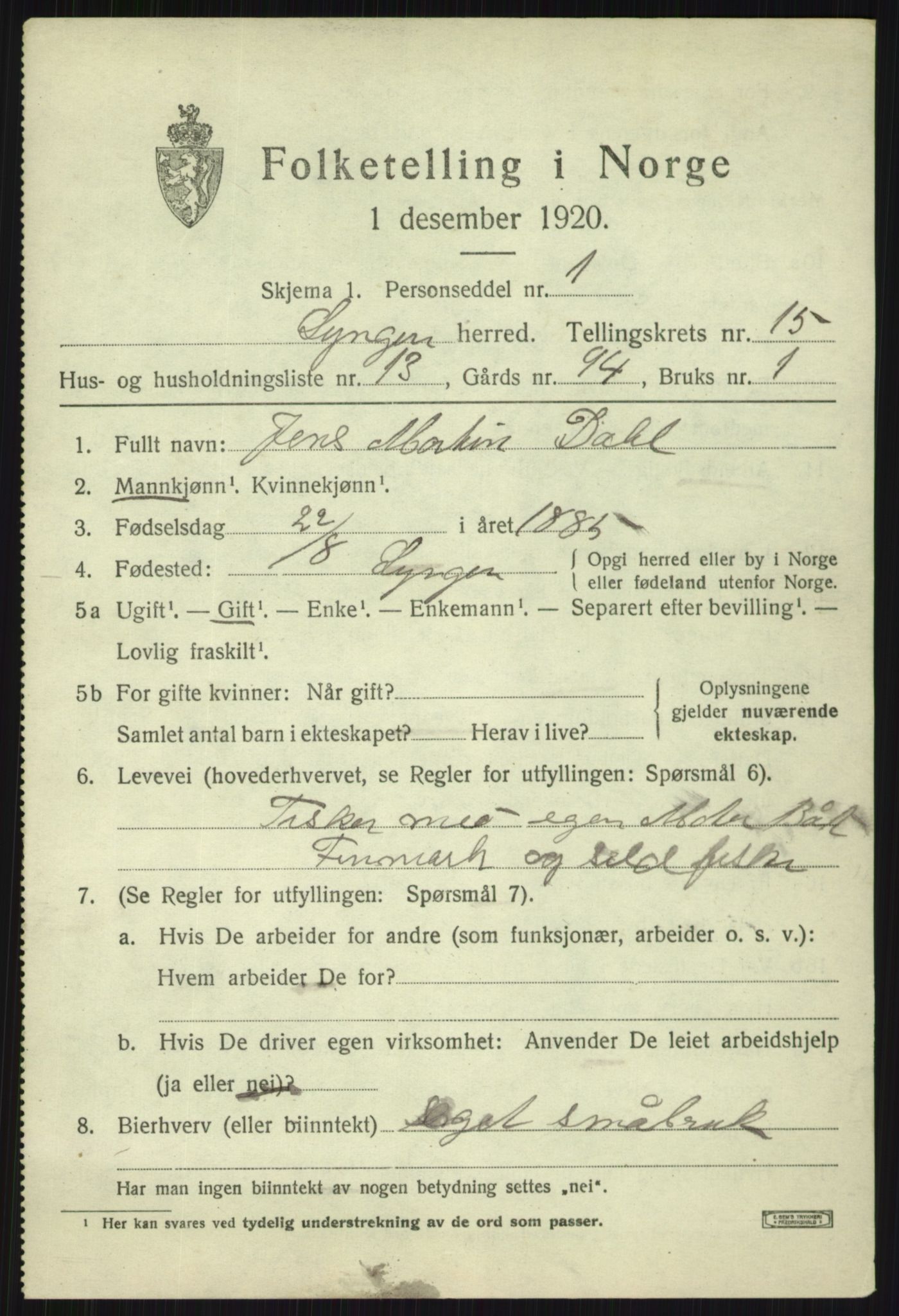 SATØ, 1920 census for Lyngen, 1920, p. 12997