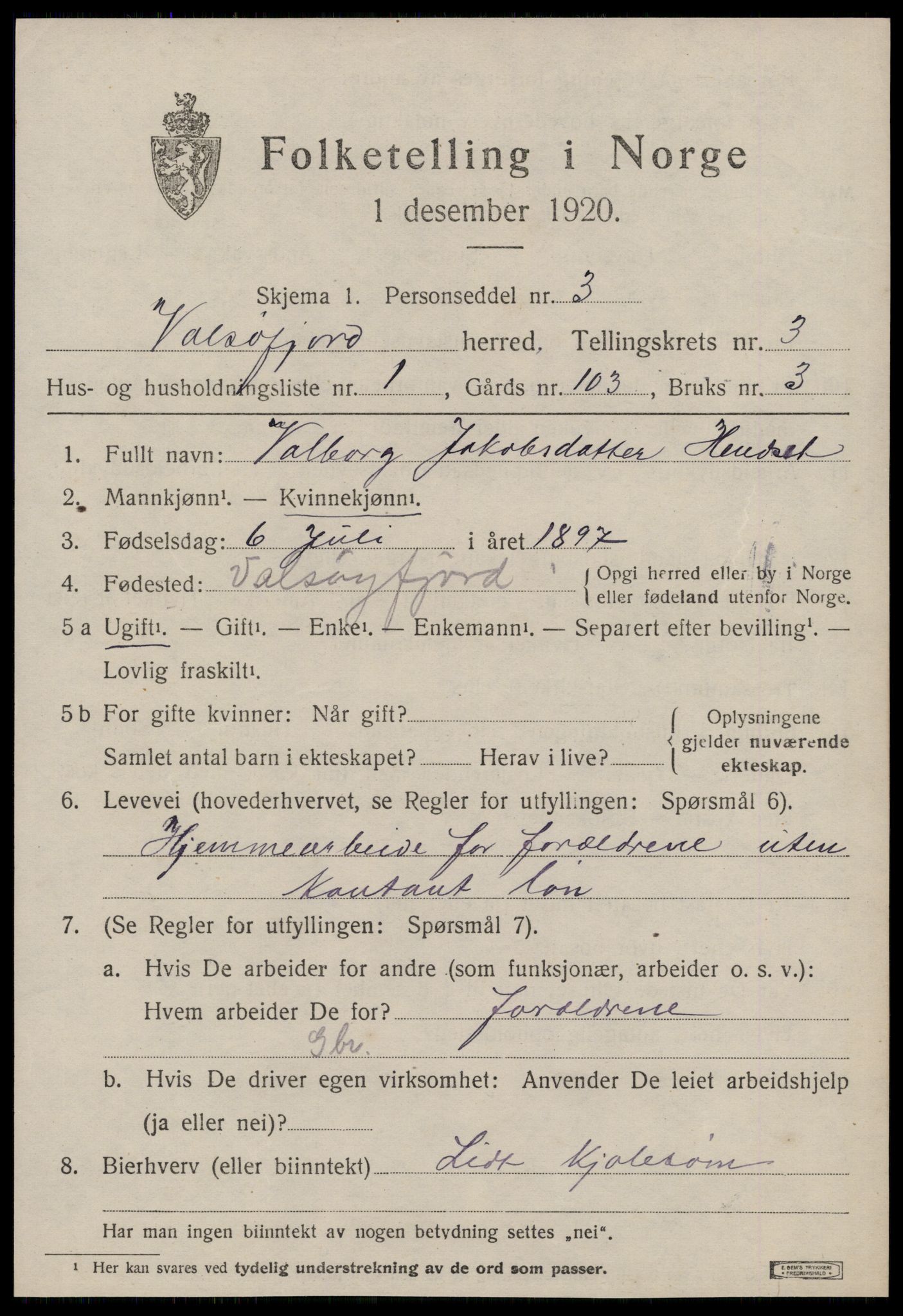 SAT, 1920 census for Valsøyfjord, 1920, p. 1033