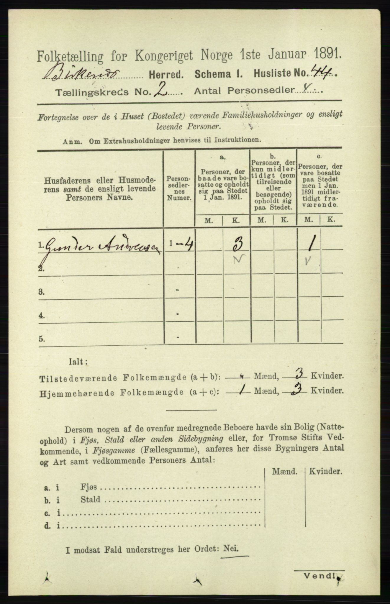 RA, 1891 Census for 0928 Birkenes, 1891, p. 491