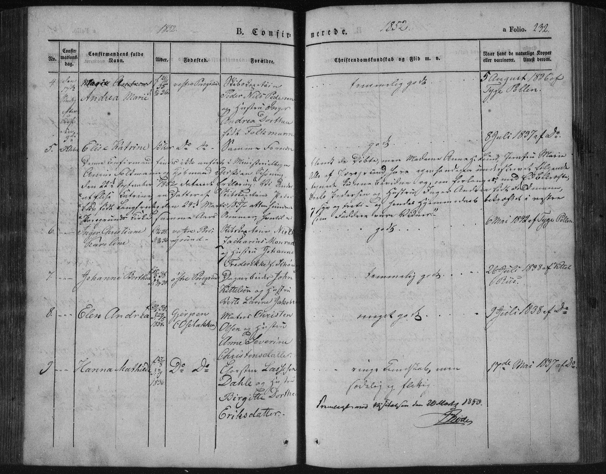 Porsgrunn kirkebøker , SAKO/A-104/F/Fa/L0006: Parish register (official) no. 6, 1841-1857, p. 232