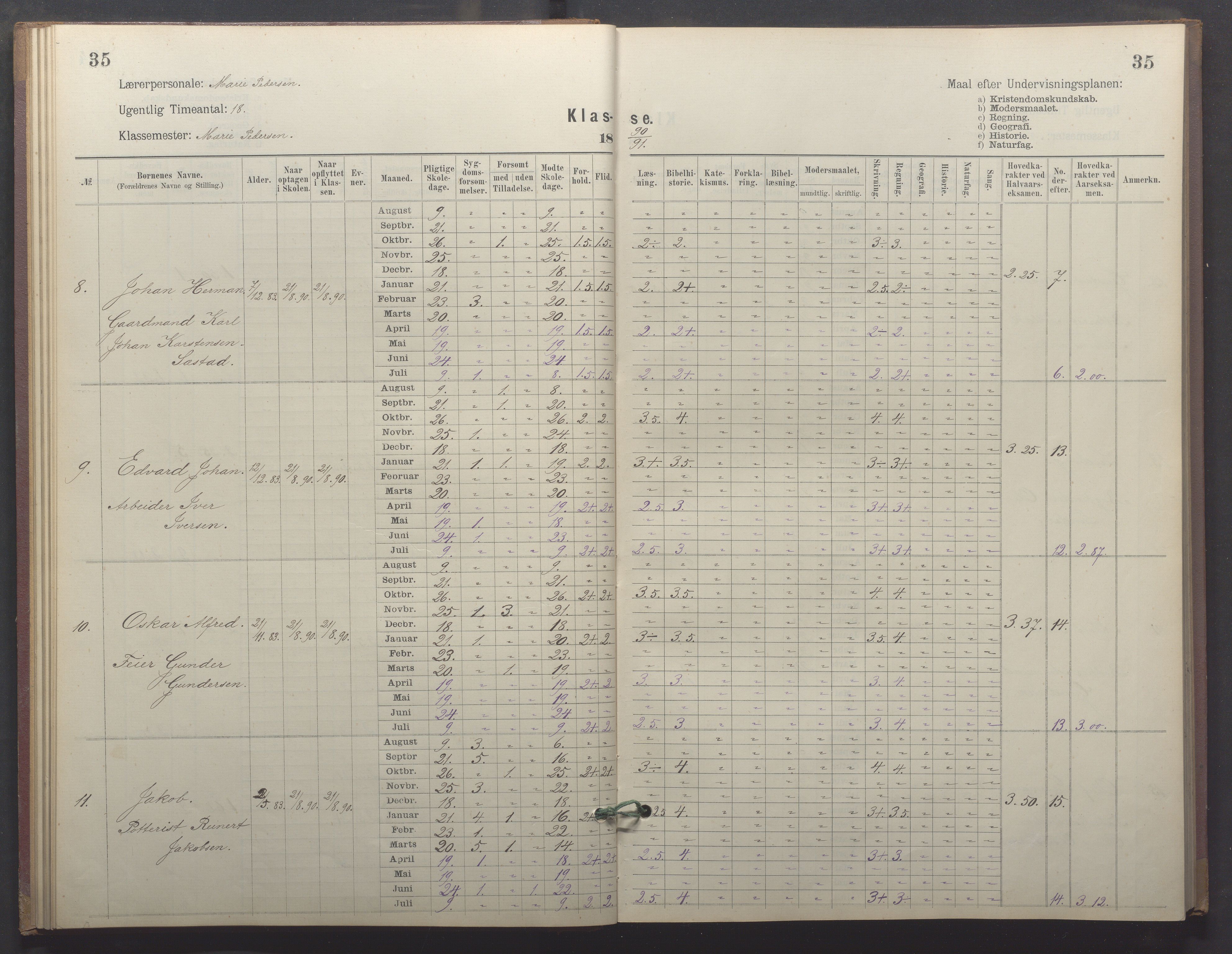 Egersund kommune (Ladested) - Egersund almueskole/folkeskole, IKAR/K-100521/H/L0026: Skoleprotokoll - Almueskolen, 1. klasse, 1889-1893, p. 35