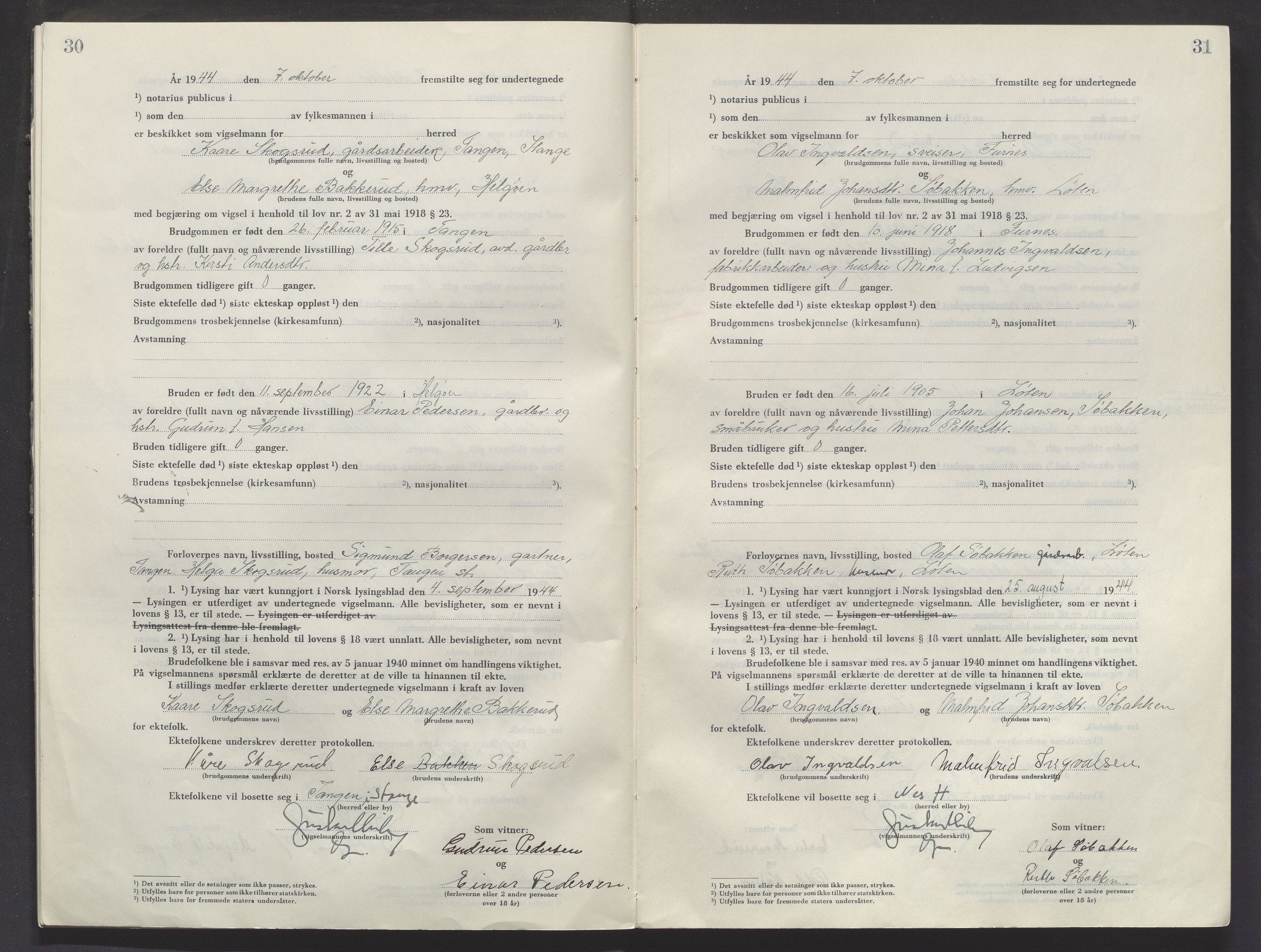 Sør-Hedmark sorenskriveri, AV/SAH-TING-014/L/Le/L0002/0001: Vigselsbøker / Vigselbok, 1944-1945, p. 30-31
