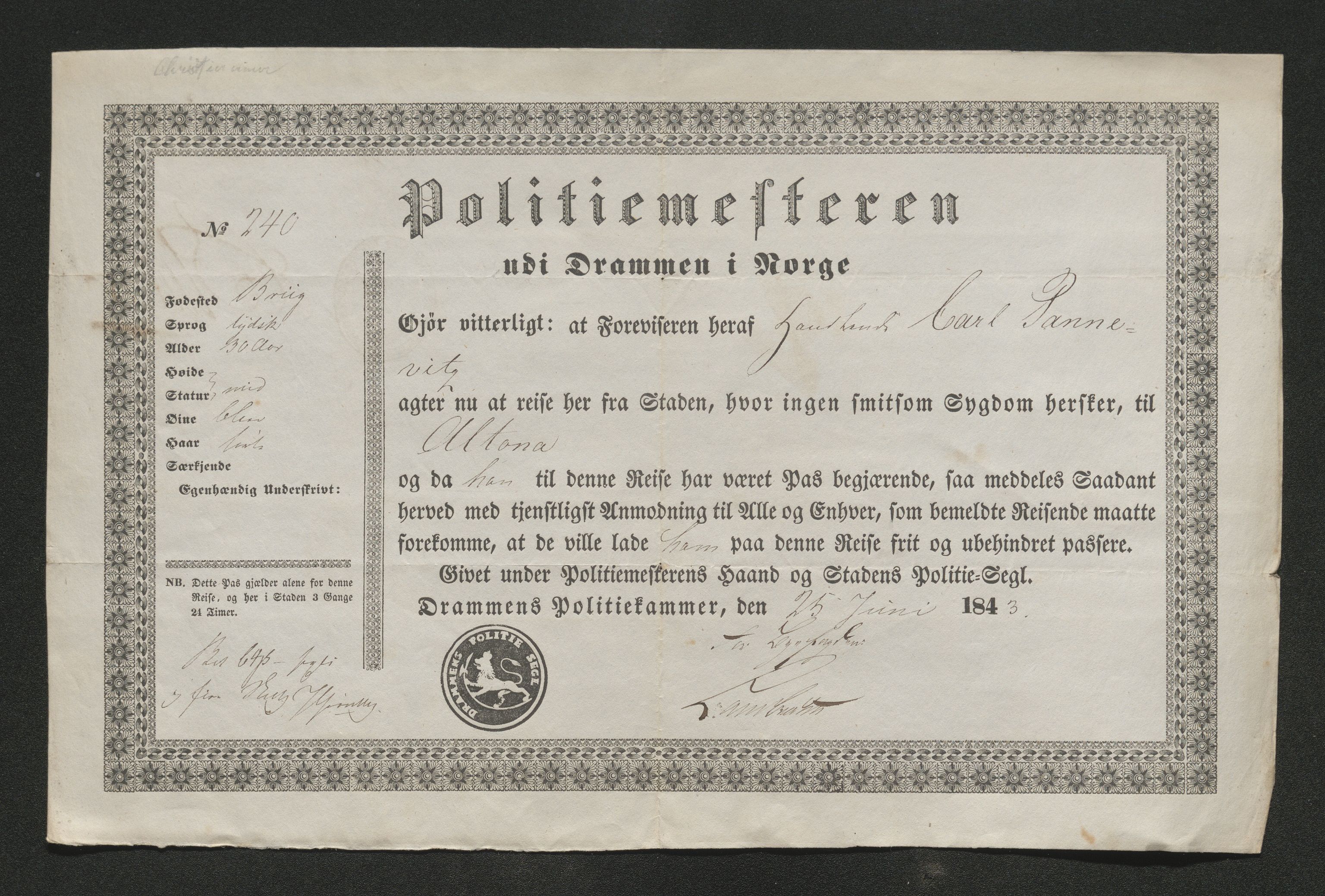 Drammen politikammer, SAKO/A-623/I/Ia/Iab/L0007: Innleverte pass, 1843-1844, p. 207