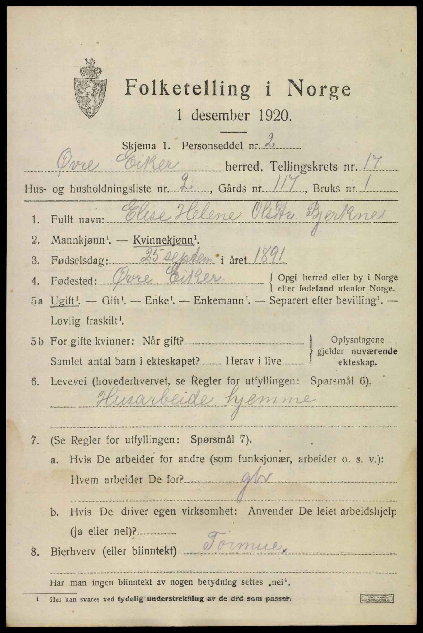 SAKO, 1920 census for Øvre Eiker, 1920, p. 21322