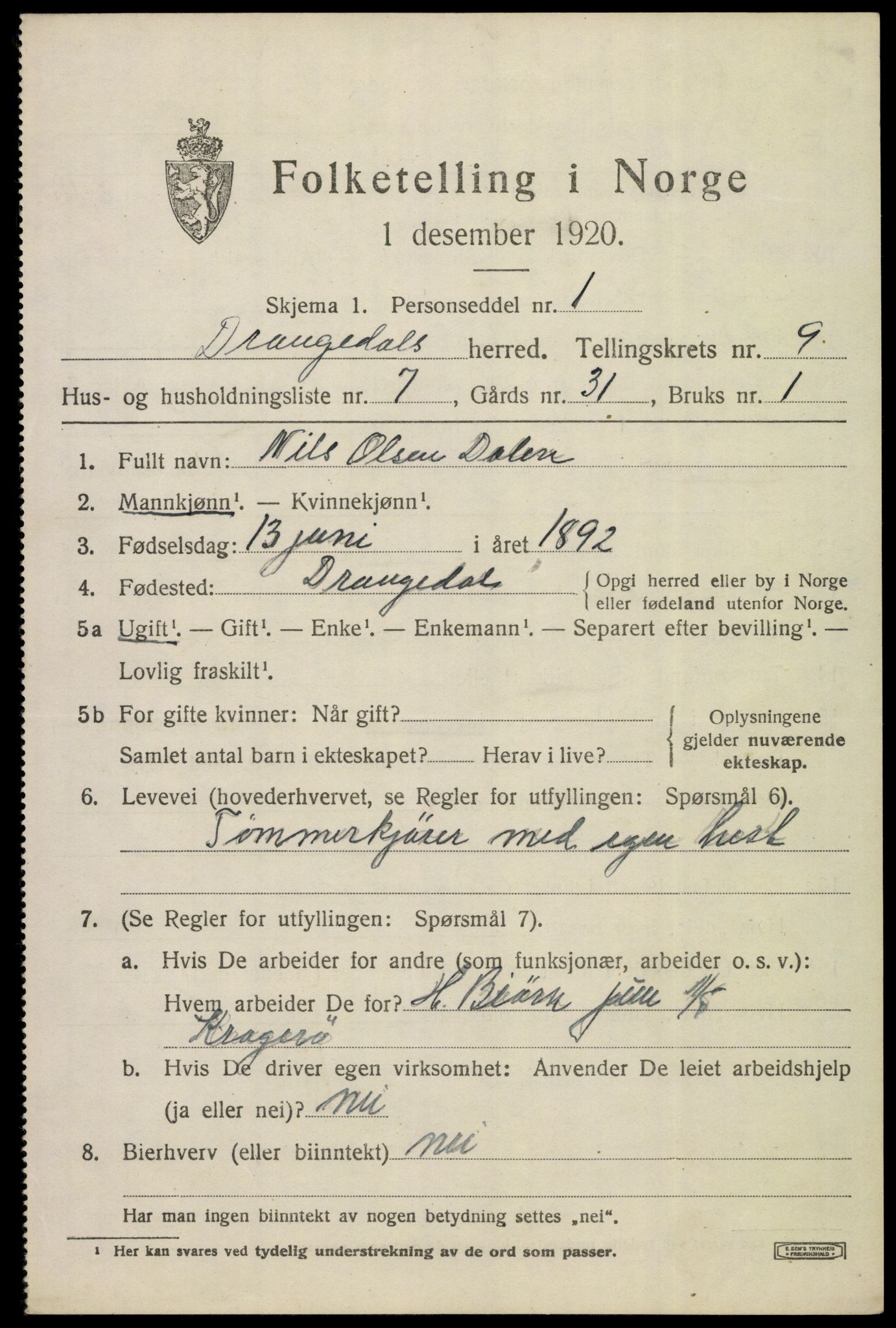 SAKO, 1920 census for Drangedal, 1920, p. 6133